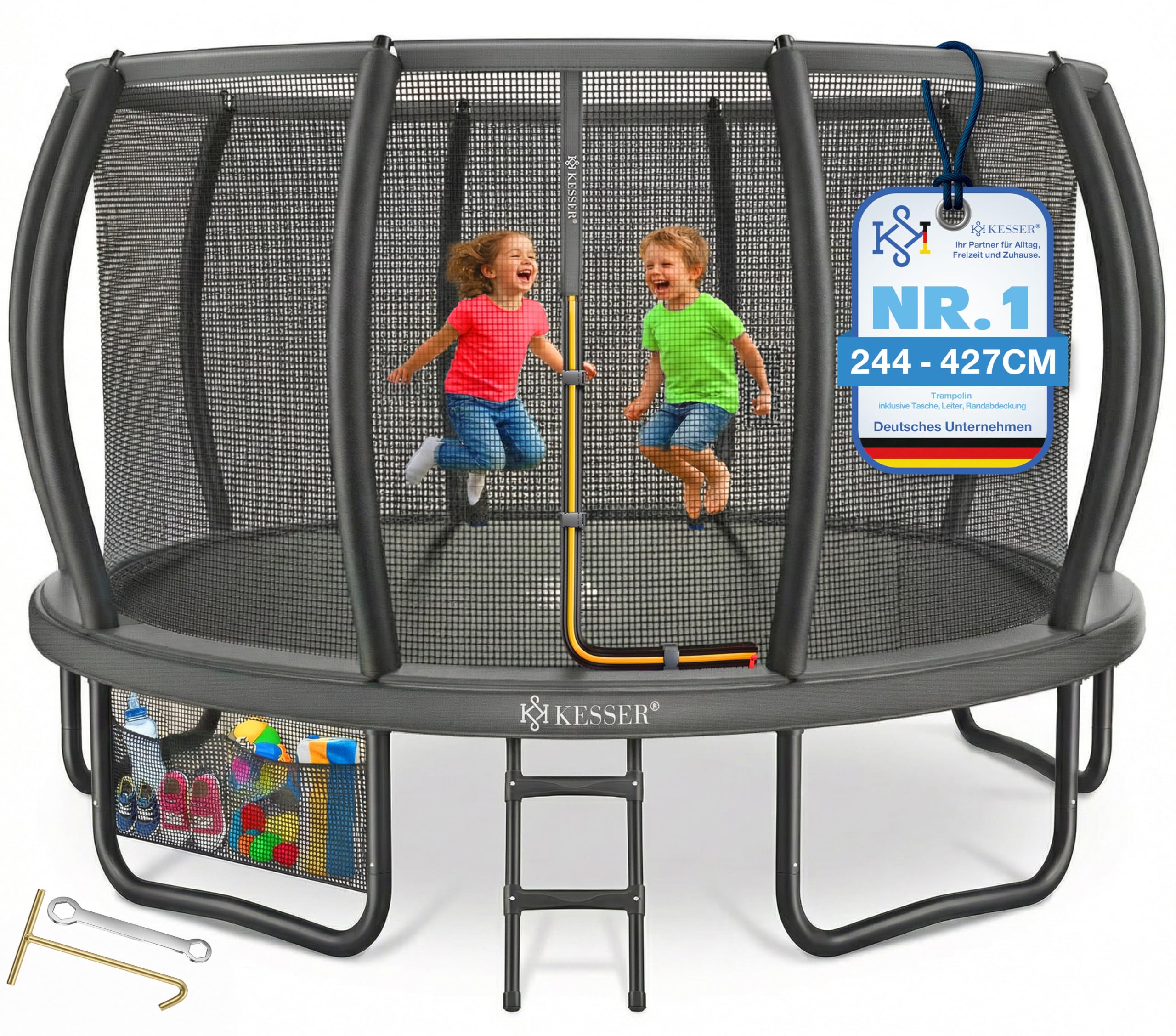 KESSER® Trampolin Outdoor Ø 244/305/366/427 cm, GS-Zertifikat, Gartentrampolin für Kinder & Erwachsene <150 kg mit Sicherheitsnetz, inklusive Tasche, Leiter, Randabdeckung & gepolsterten Netzstangen