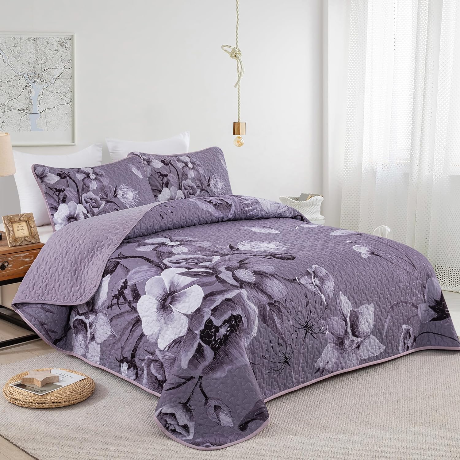 Floral Quilt Set Queen 3 Pieces Dark Purple Boho Flower Quilt Coverlet Set Soft Microfiber Lightweight Floral Quilted Bedspread with 2 Pillow Shams for All Season 90"x96" - Image 2