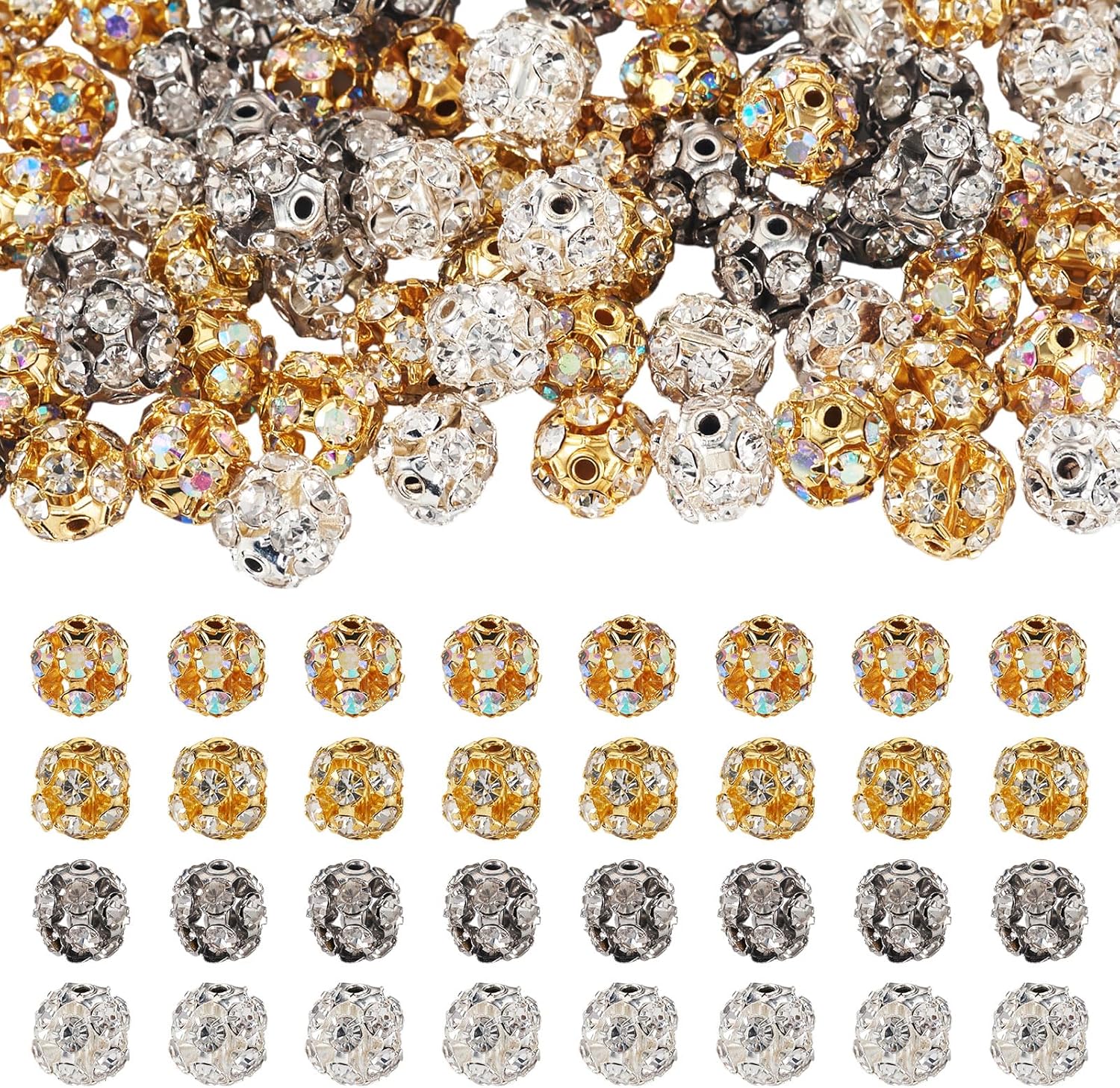 Pandahall 80Pcs Brass Rhinestone Beads Crystal Polymer Clay Disco Diamond Round Beads 7mm Bulk Loose Spacer Ball Bead for Pen Bracelet Earring Jewelry Making