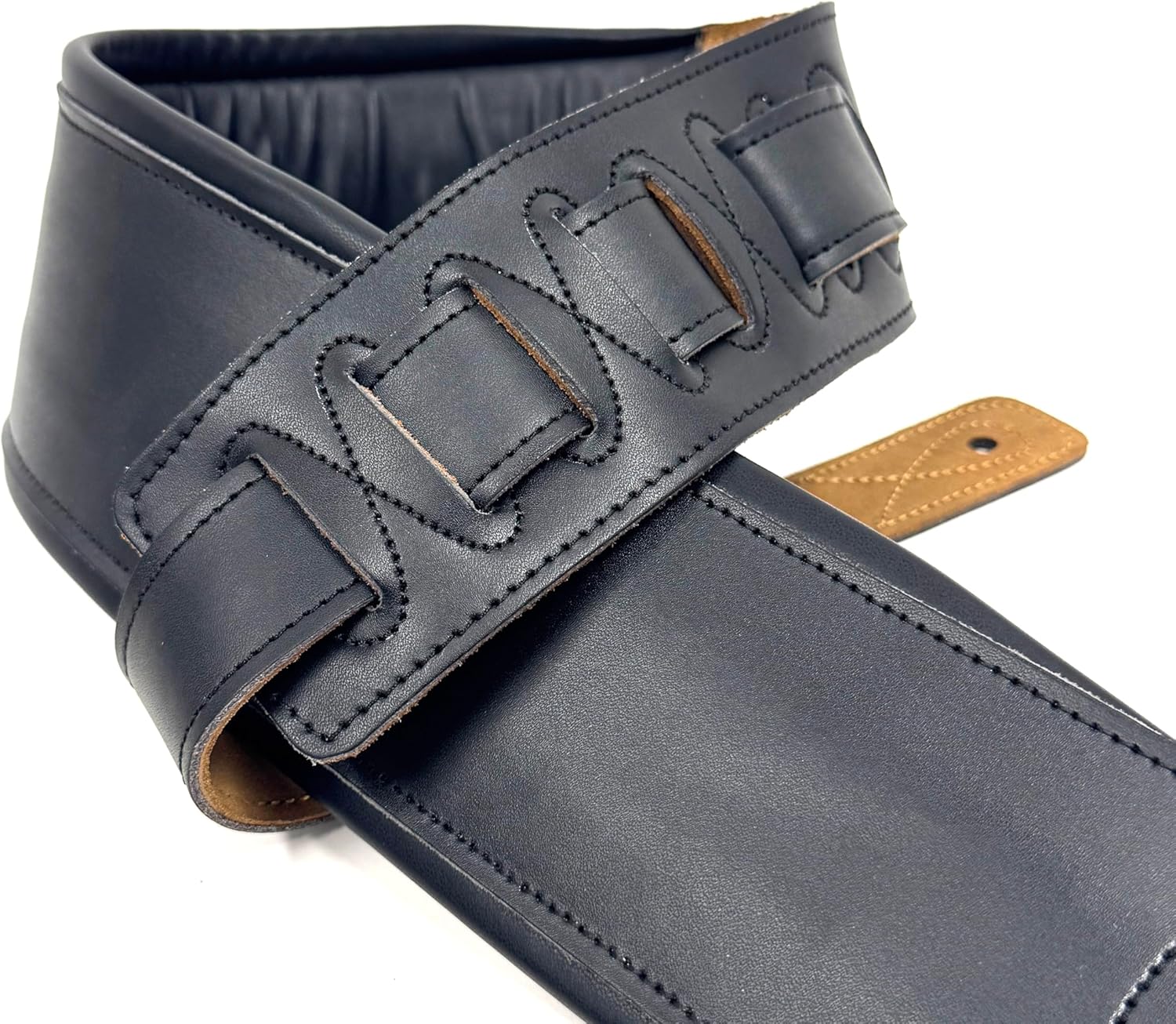 Walker & Williams B4B-CH-BB Char Black 4" Wide Double Padded Premium Heirloom Grain Leather Guitar And Bass Strap For Acoustic, Electric, And Bass Guitars