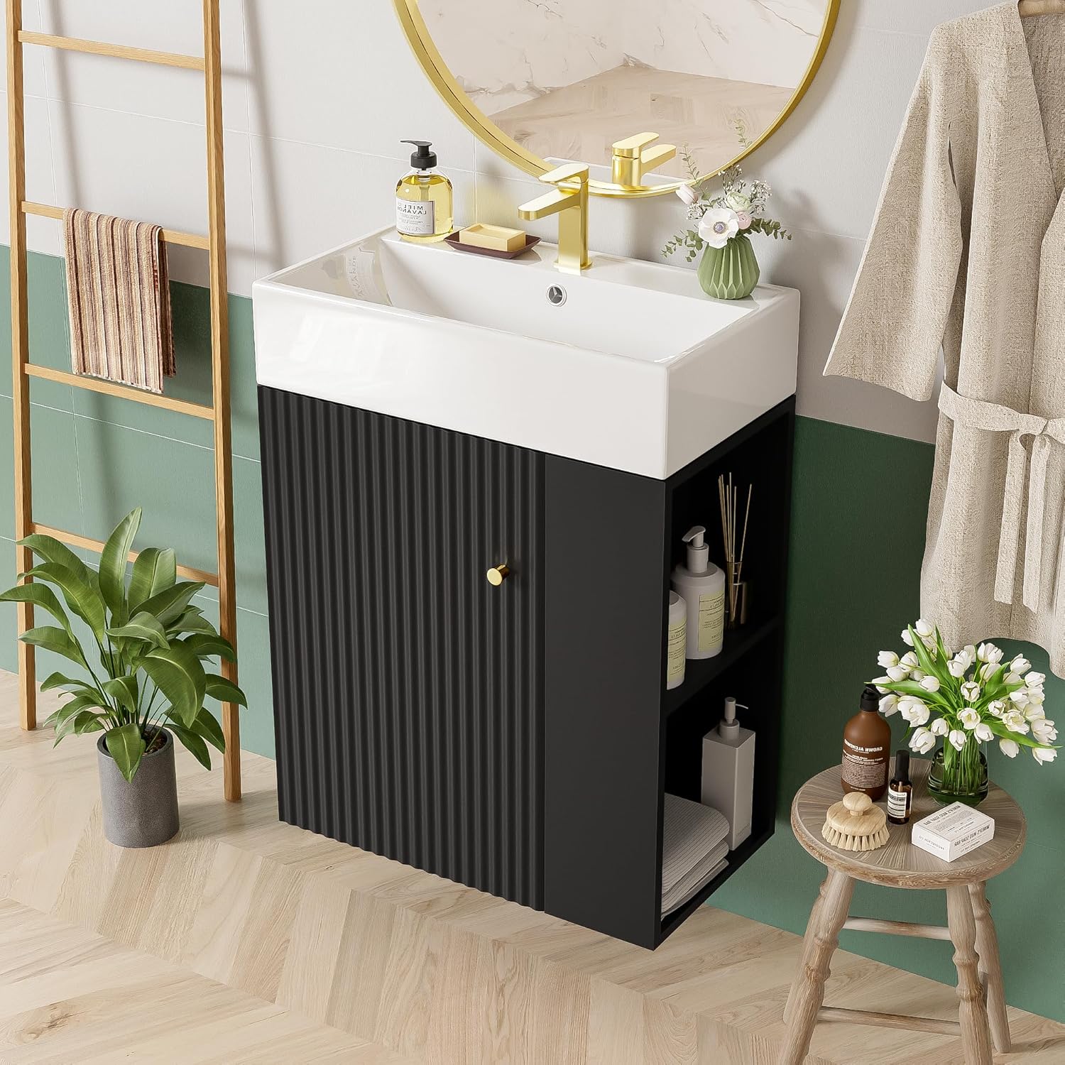 Linique 21.6" Modern Floating Wall Mounted Bathroom Vanity with Porcelain Sink Combo Set, Solid Wood Frame Bathroom Storage Cabinet with Right Side Storage and Soft-Close Doors, Black