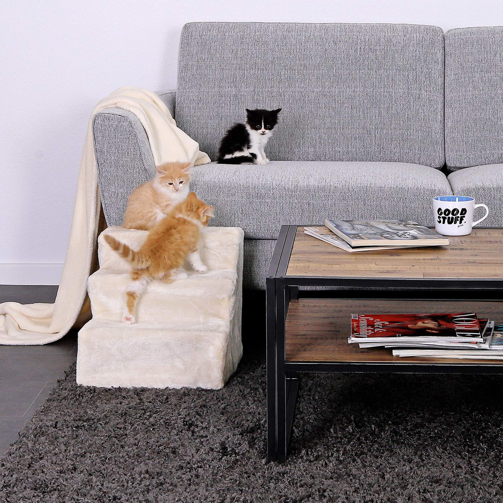 lionto Scala per Animali Scala per Gatti Scala per Cani con Rivestimento in Peluche 46x36x34 cm, Beige