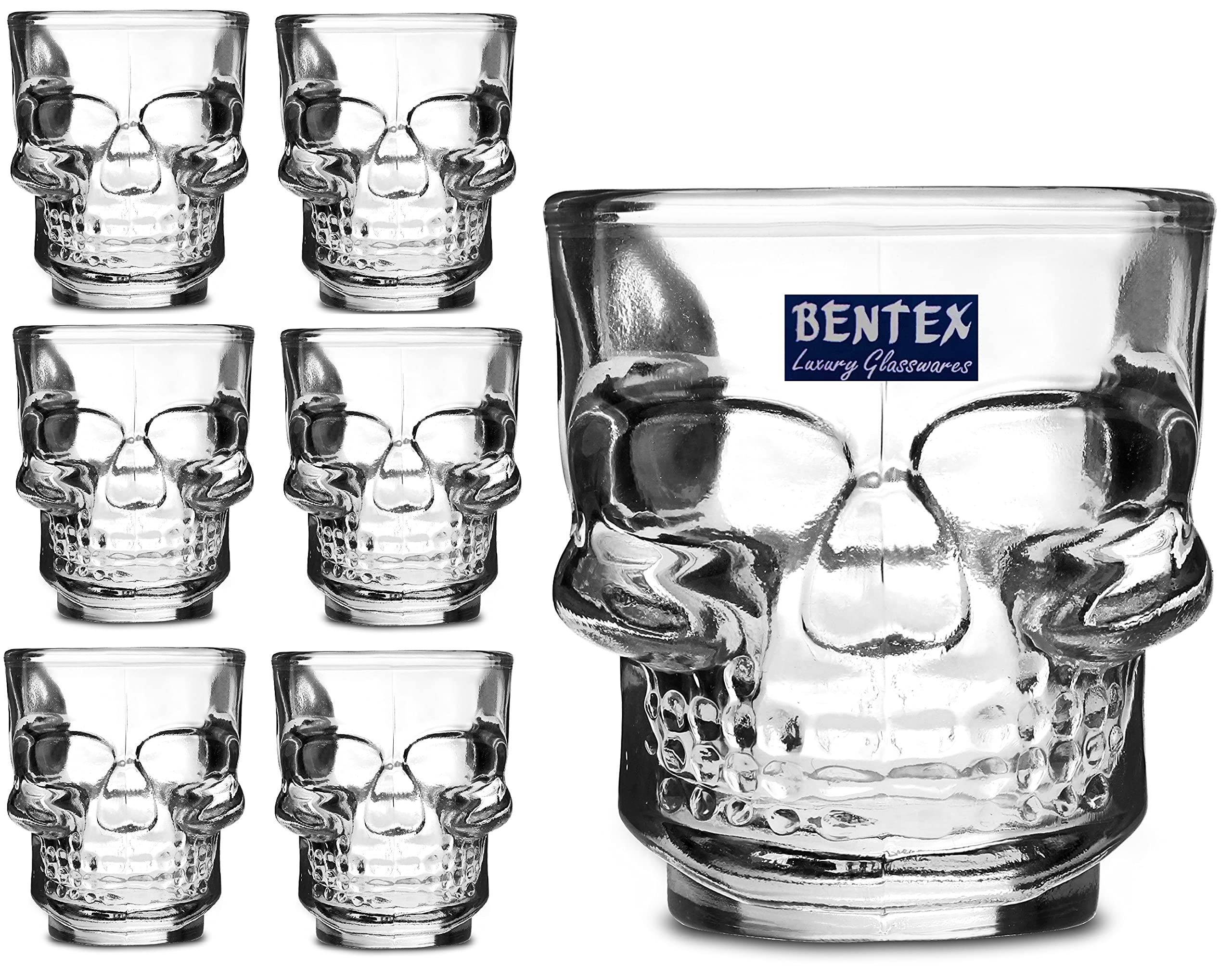 BENTEX LUXURY GLASSWARESBENTEX LUXURY GLASSWARES Glass Skull Design Shot Glasses, 60 ml, Set of 6, Clear,