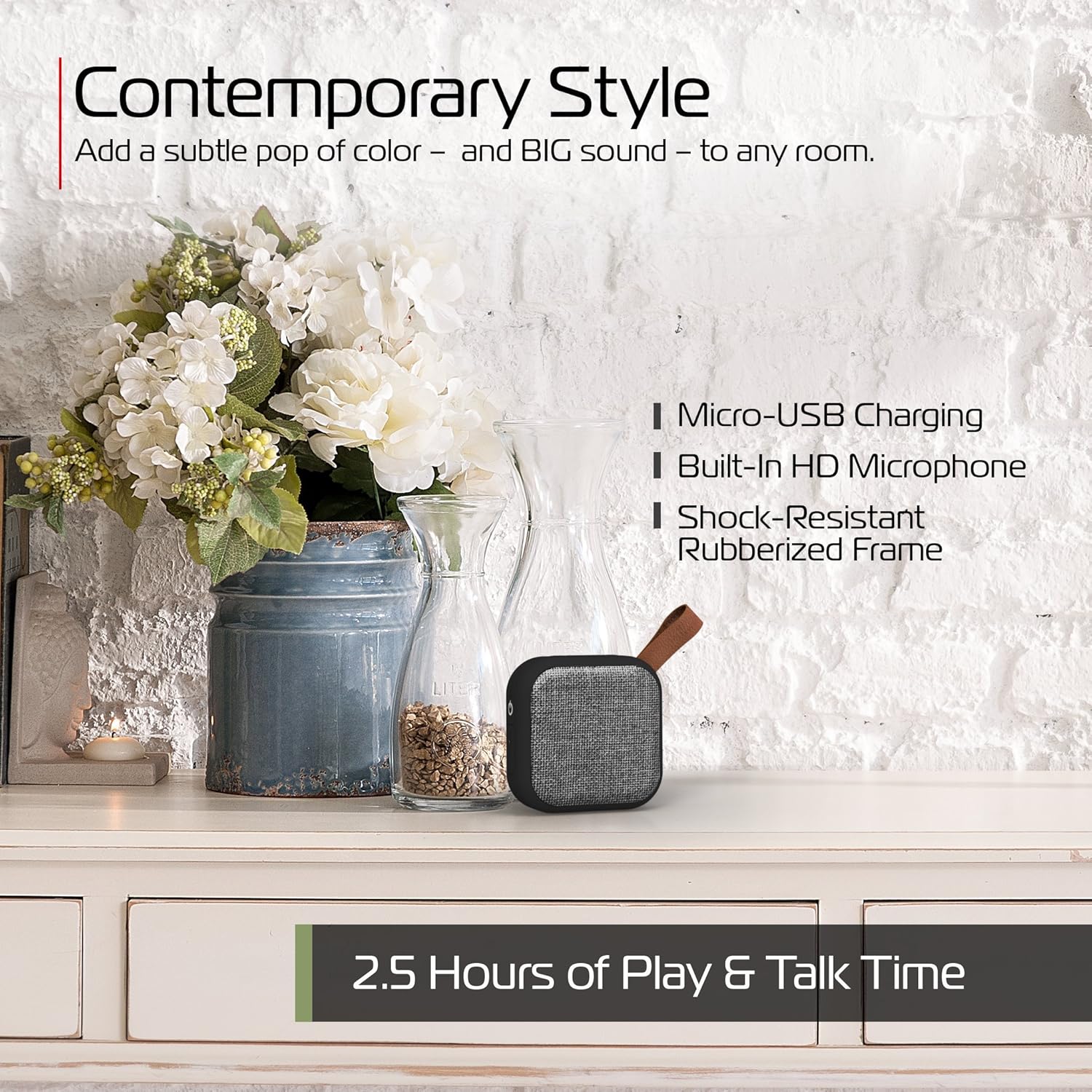 Tzumi Studio Series Speaker in a home setting, highlighting contemporary style and features.