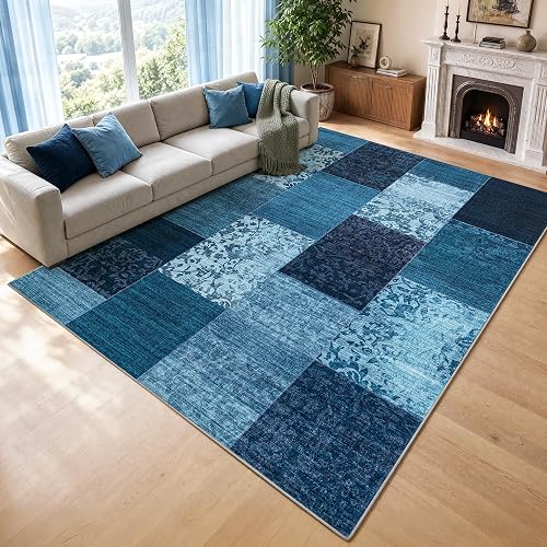 Carvapet 9x12 Denim Blue Vintage Floral Large Area Rug Washable Rugs