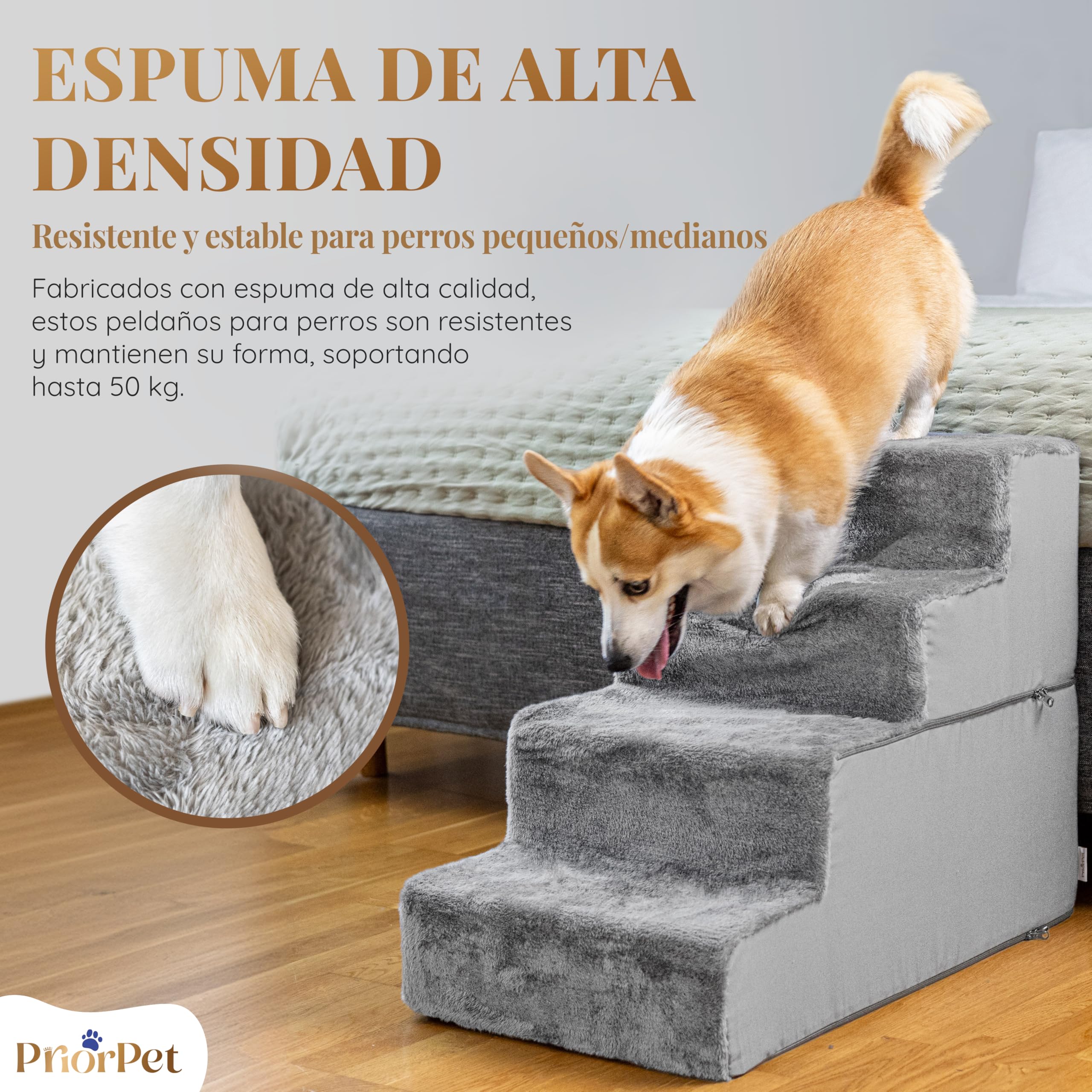 Escaleras Perros Subir a la Cama - Rampa para Perros de 4 peldaños - Escalera para Perros pequeños de Espuma de Alta Densidad de 58 cm - Base Antideslizante - Escalera para Mascotas - Gris Claro