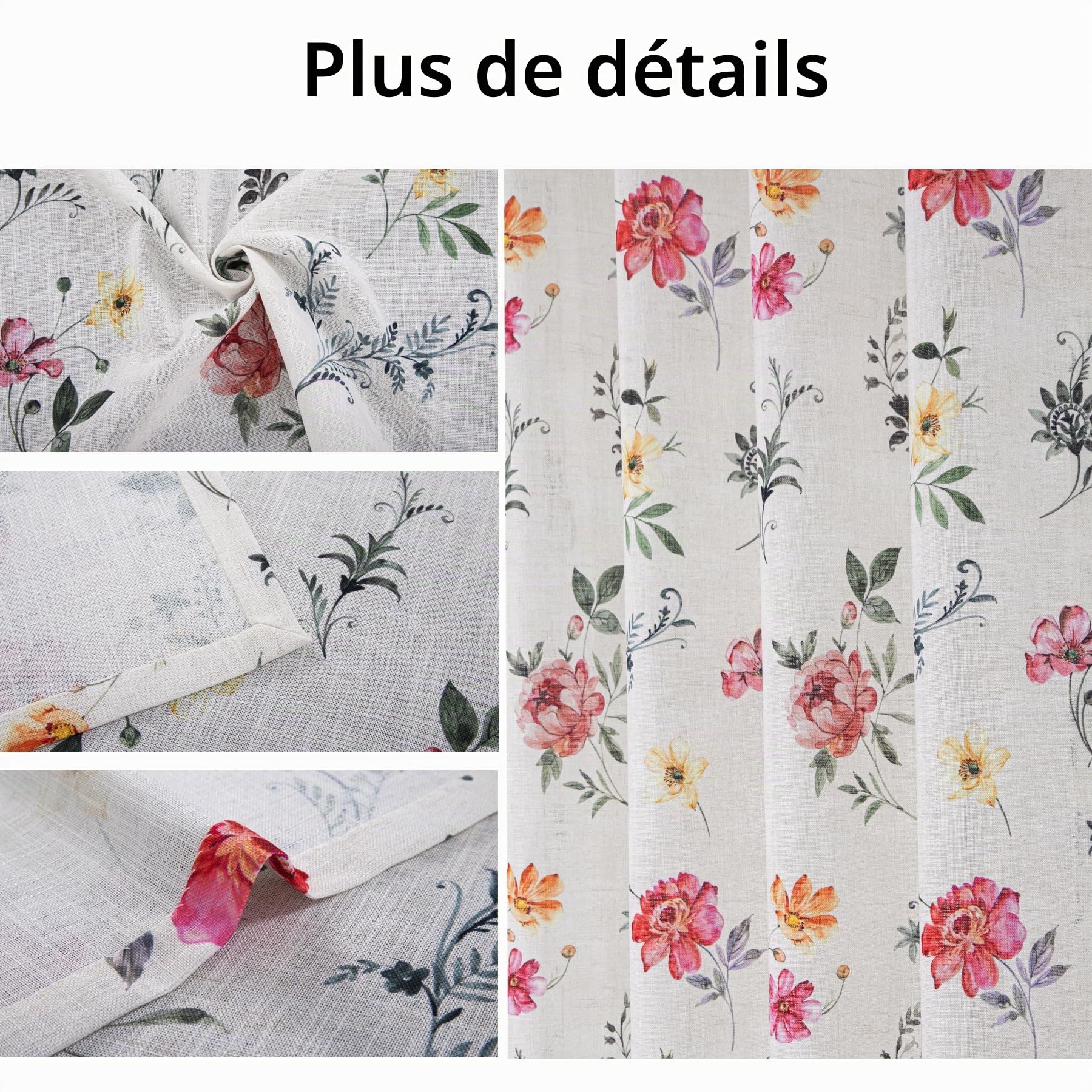 always4u Rideaux à Fleurs Classiques Vintage en Faux Lin, Rideau Semi-Transparent avec des Éléments Naturels, Filtrage de la Lumière, pour Salon et Chambre,Pivoine,140x245cm Lot de 2