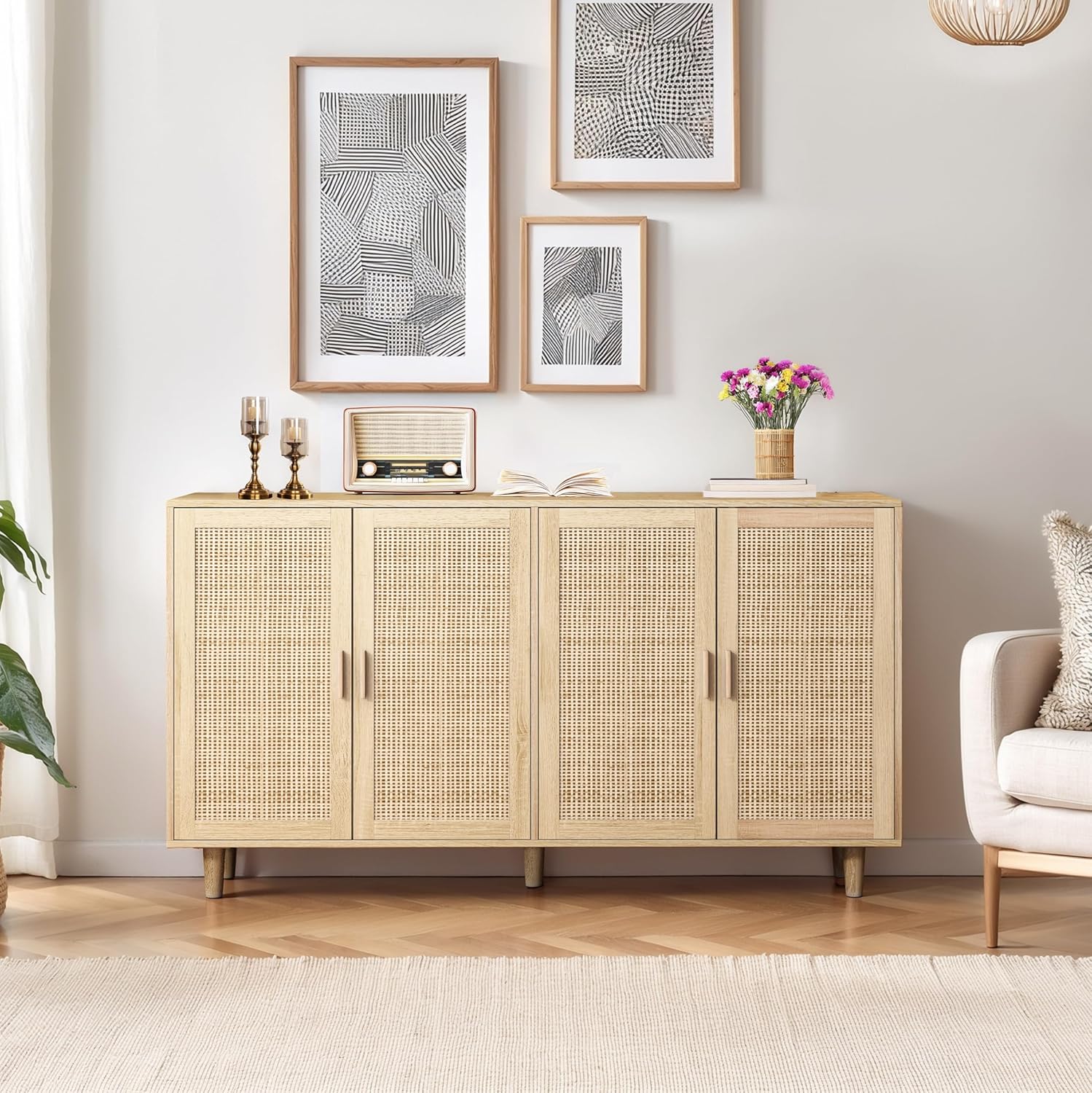 Elegant Rattan Sideboard with Adjustable Shelves, Decorative Cabinet, Functional Storage Sideboard, Wood Accent Sideboard Cabinet, Natural