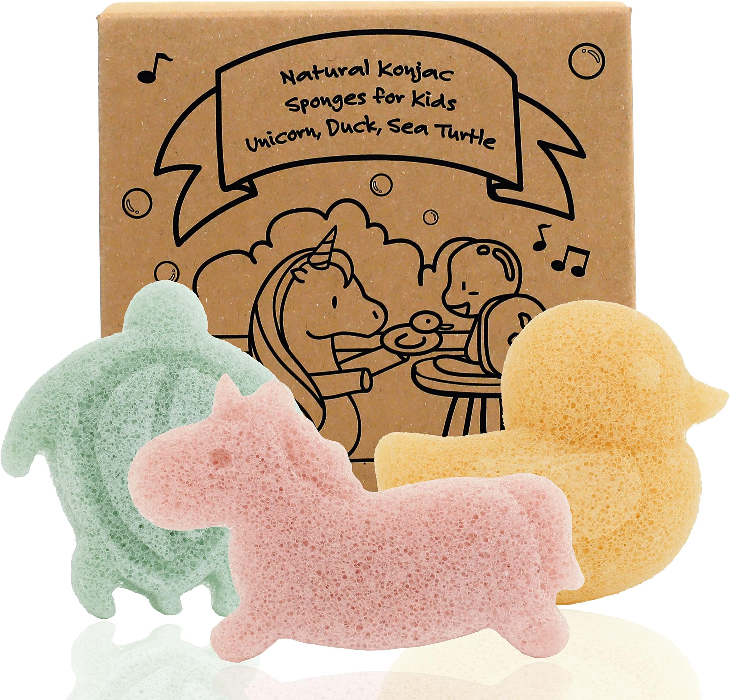 myHomeBody Konjac Baby Sponge for Bathing, Cute Shapes Natural Kids Bath loofah for Infants, Toddler, Newborns, Safe Plant-Based, 3pc. Set: Unicorn, Duck, Sea Turtle