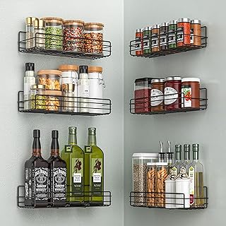 Spice Rack Organizer Wall Mount (6Pack), Hanging Black Spice Organizer Shelf, Farmhouse Seasoning Organizer, Space-Saving Spice Shelves Holder for Kitchen Wall, Flexible Bathroom Organizer