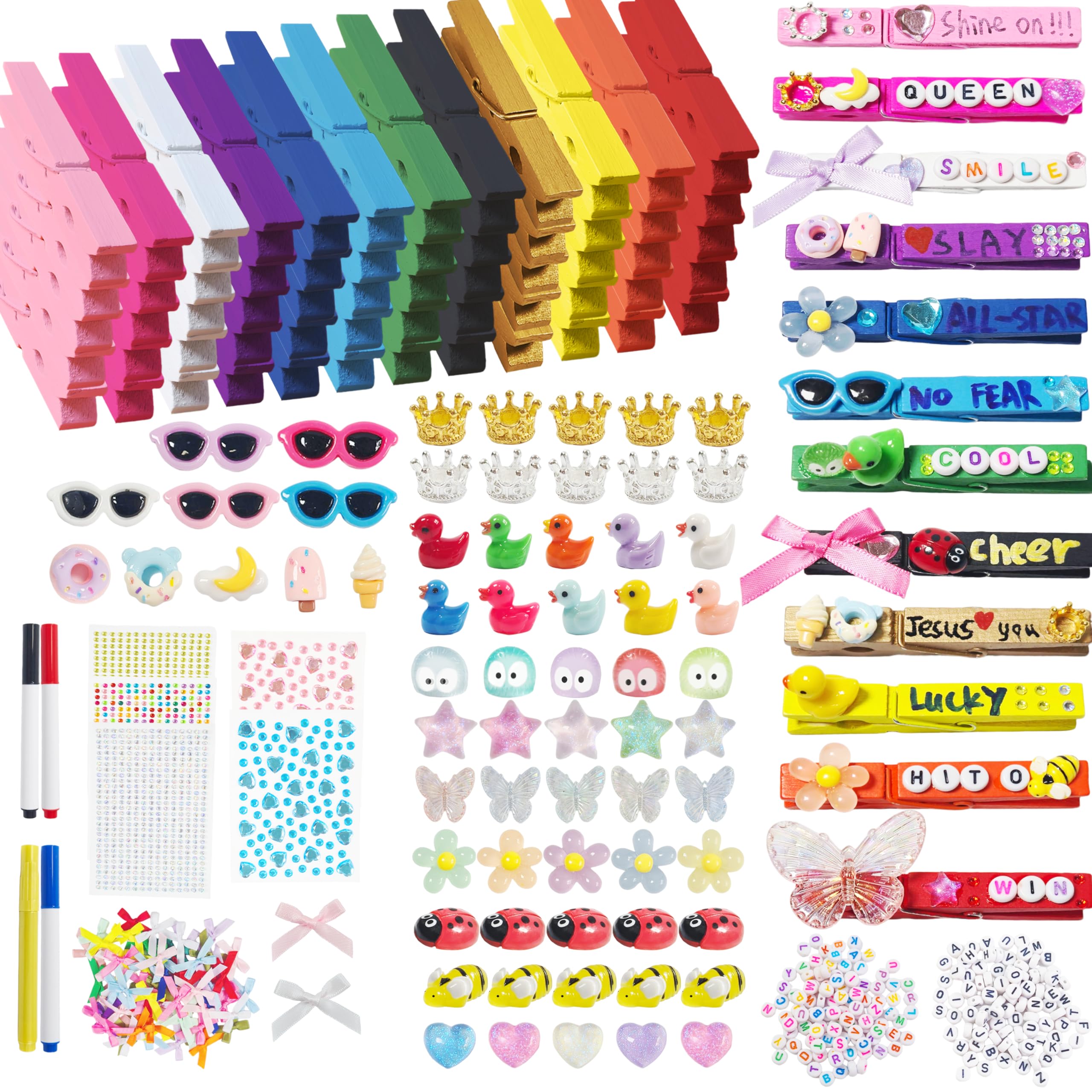 Chicooan 60 Pack Cheer Pins Spirit Clips 12 Colors Wooden Clothes Pins Includes 380 Resin Charms Crowns Bows Stickers DIY Accessories Team Spirit Trading Gifts for Backpacks Cheerleading Decor