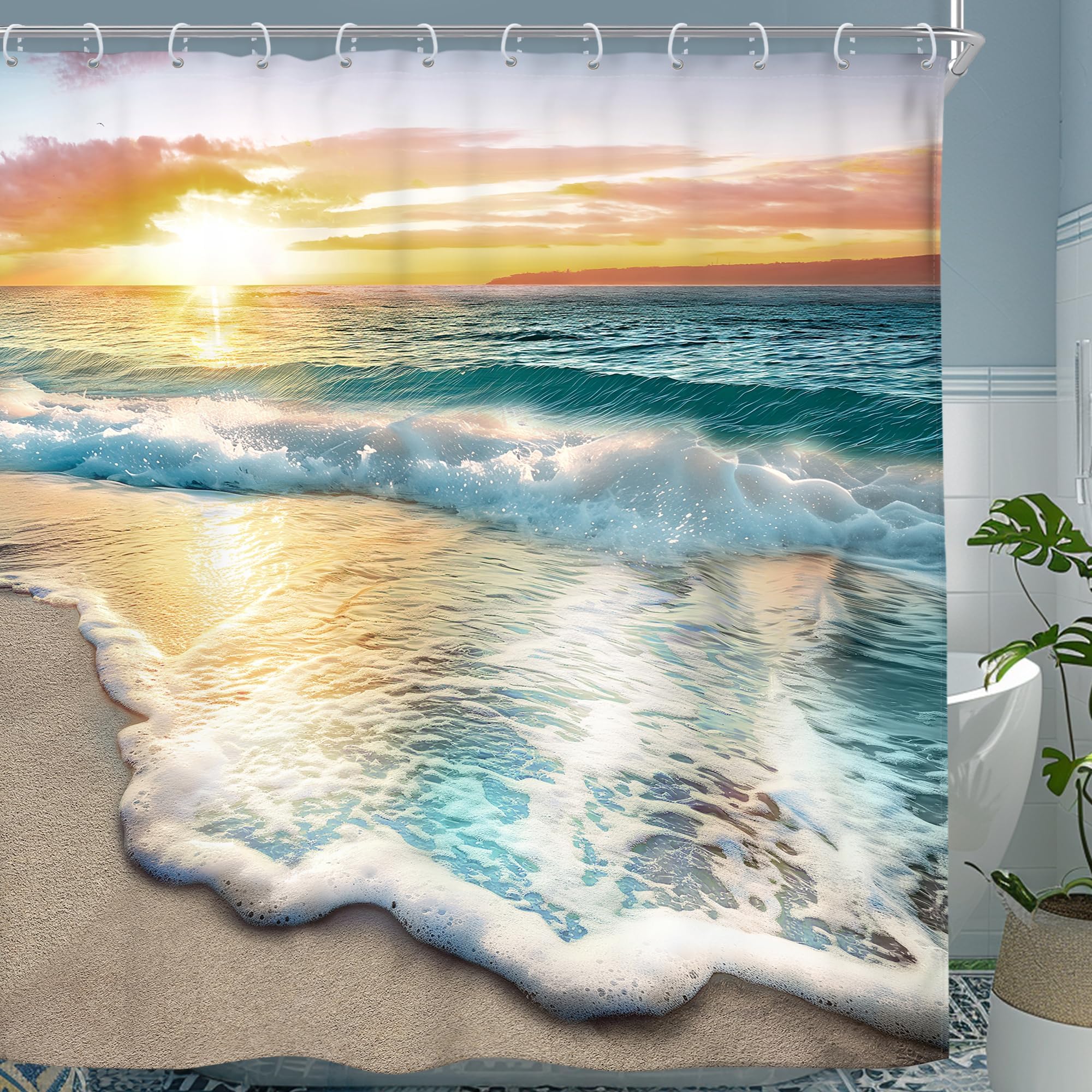 Riyidecor Extra Long Ocean Beach Look Nature Scene Shower Curtain Sunrise Sunset Coastal Hawaiian Summer Sea Wave Seaside 72Wx78H Inch Blue Fabric Decor Bathroom Polyester Waterproof