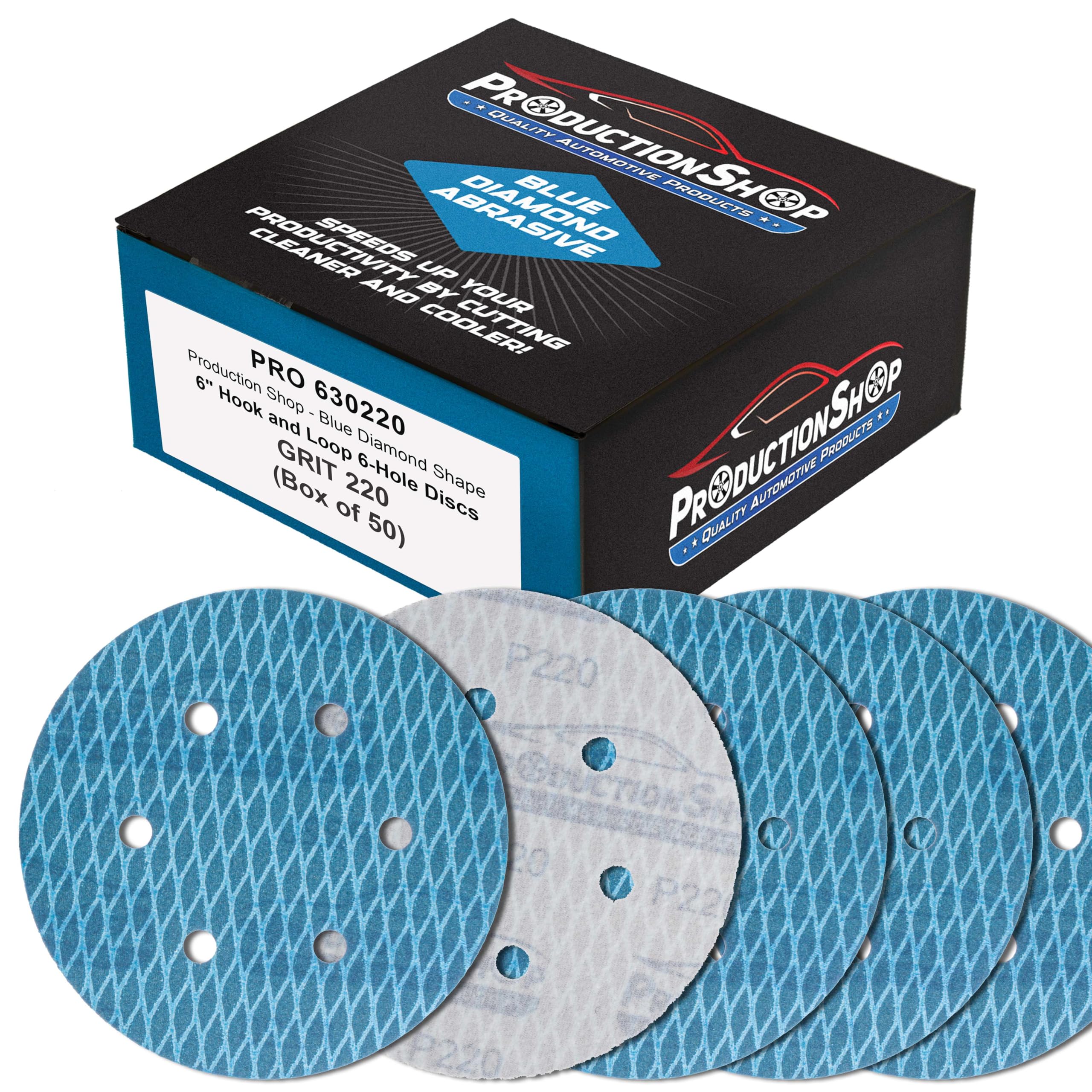 ProductionShop Premium 220 Grit 6" Rhombus Diamond Shape Blue Sanding Discs, 6-Hole, Box of 50 - Hook & Loop Anti-Clogging J-Cloth Dustless Sandpaper