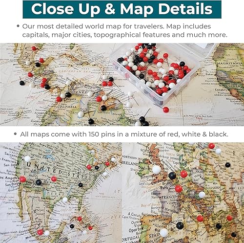 Miniatura 3 de Mapamundi con alfileres personalizado ejecutivo con marco de 24x36 y alfileres Negro 24 x 36 pulgadas