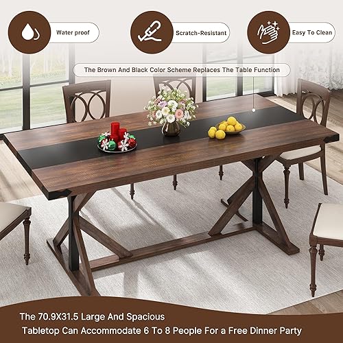 Miniatura 7 de Mesa de comedor de 71 pulgadas para 6 personas, mesa rectangular de cocina de granja con grosor impermeable, mesas de comedor largas con base de