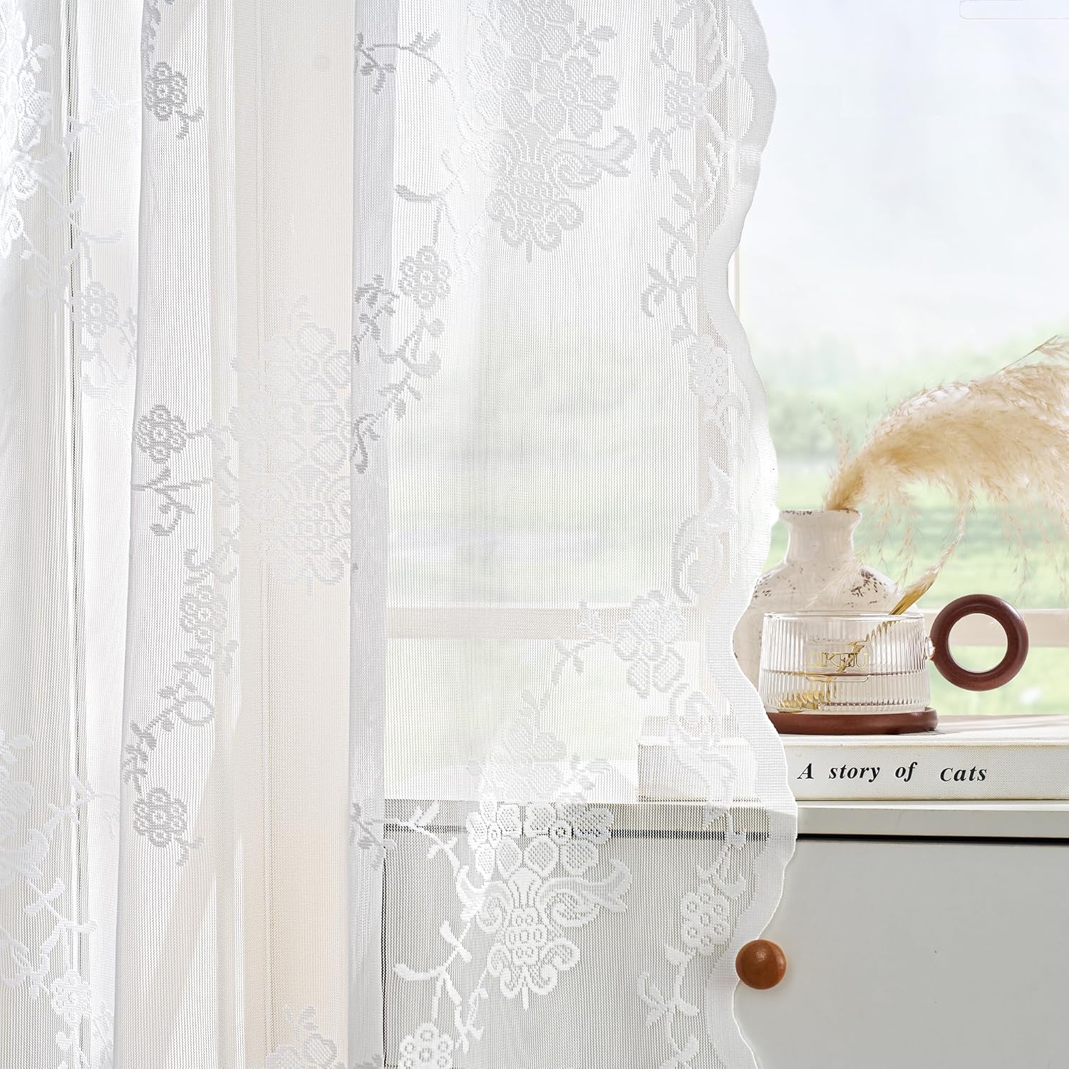 NICETOWN Ivory White Vintage Sheer Lace Curtains for Bedroom Elegant Victorian Curtains 96 Inch Length for Living Room Romantic Floral Rod Pocket French Window Drapes, 2 Panels, 52 X 96 Inch