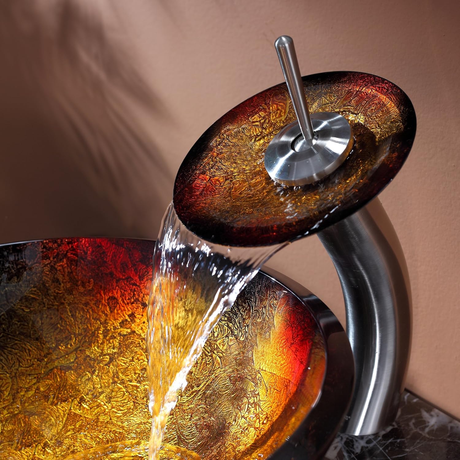 Exclusive Discount 80% Offer Kraus C-GV-680-19mm-10SN Mercury Glass Vessel Sink and Waterfall Faucet Satin Nickel