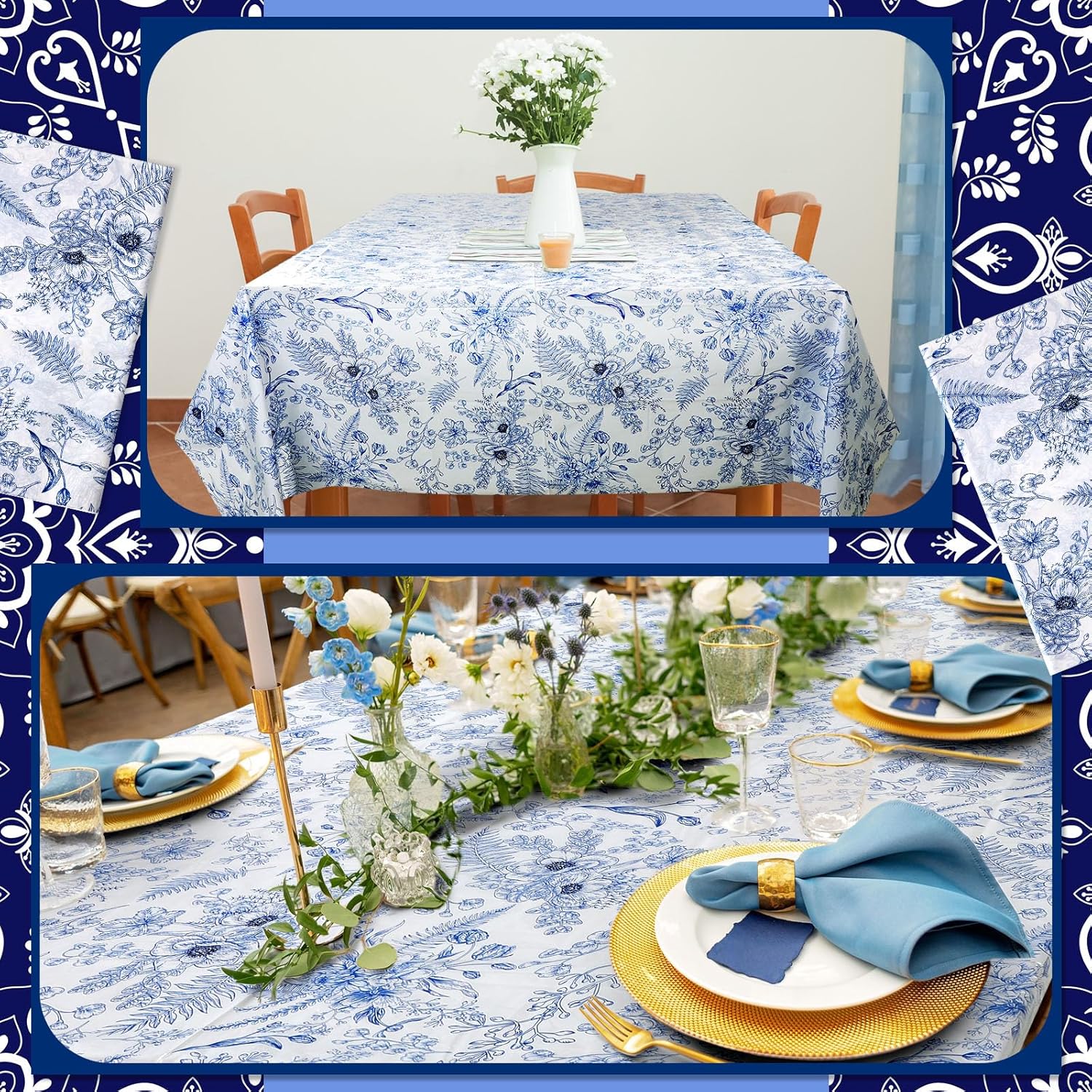 Ganeen 12 Pcs Blue Floral Tablecloths Vintage Flower Tablecloth Disposable Rectangle Plastic Tea Party Table Cover 54 x 108 in for Spring Tea Party Bridal Shower Wedding Holiday