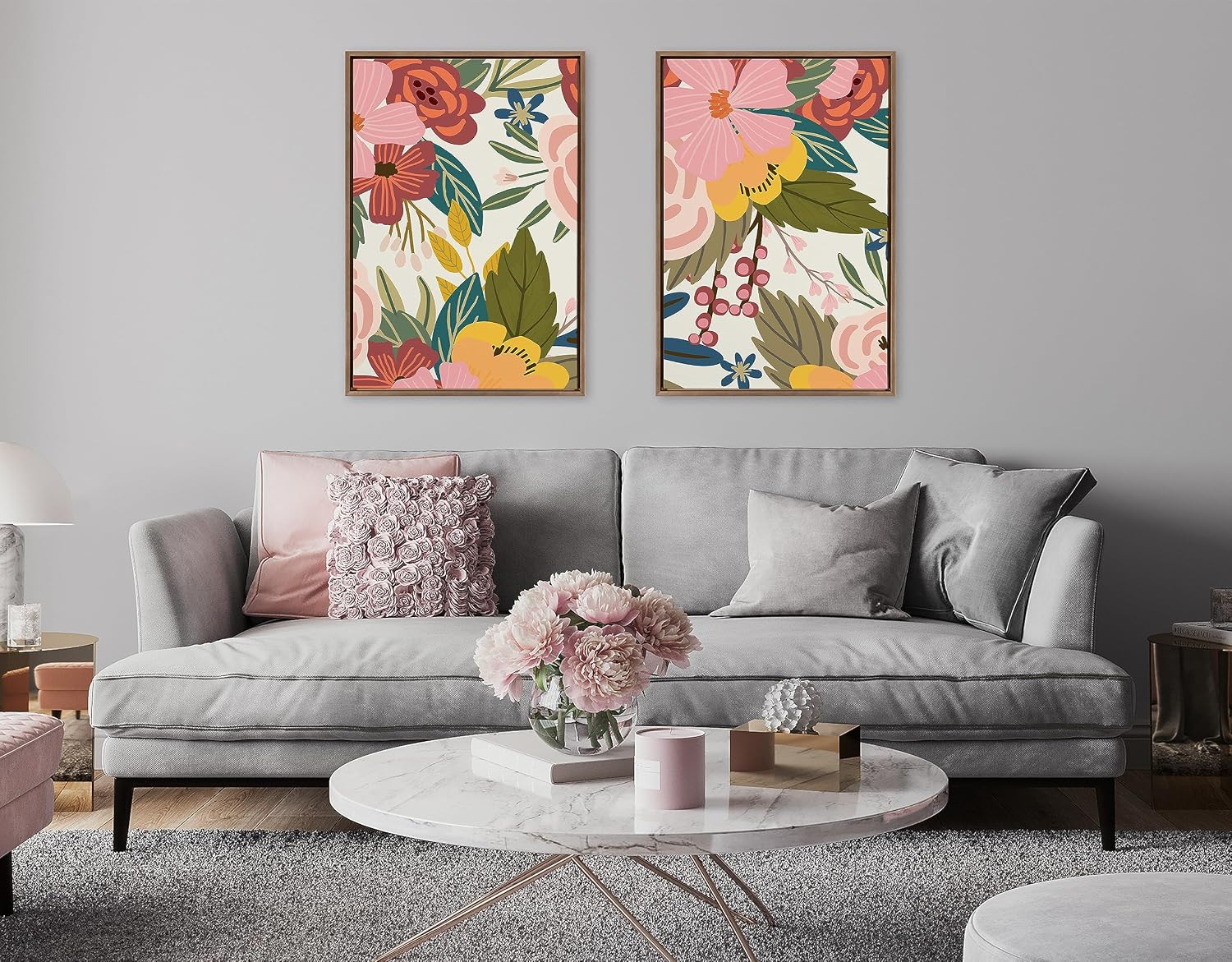 Kate and Laurel Sylvie Softly 1 and 2 Framed Canvas Wall Art Set by Mia Charro, 2 Piece 23x33 Gold, Modern Colorful Flower Illustration Art for Wall