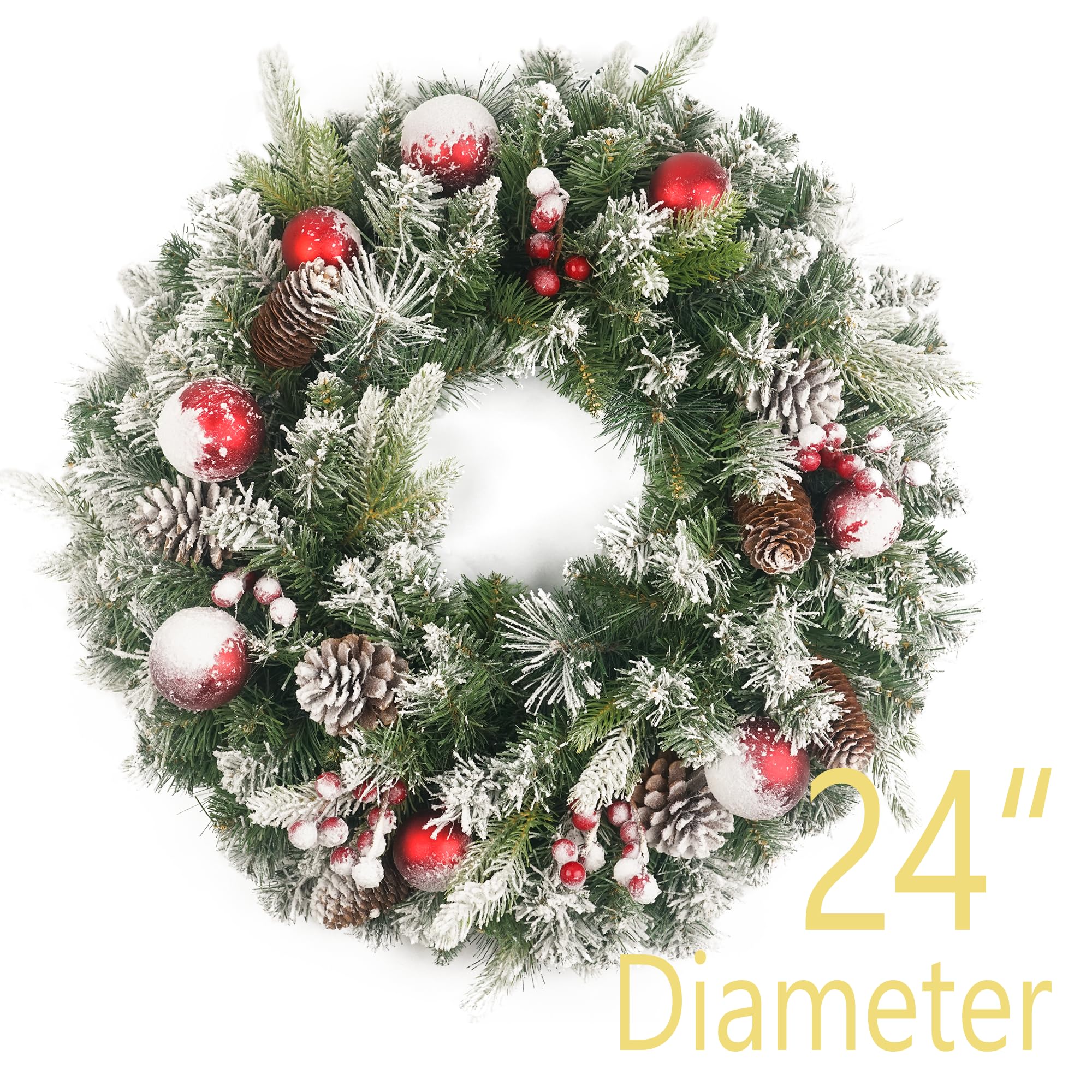 Couronne de Noël floquée pré-éclairée de 61 cm avec 50 pommes de pin lumineuses et boules rouges pour porte d'entrée avec lumières, couronne de Noël pour décoration de Noël, porte, fenêtre, mur (vert)