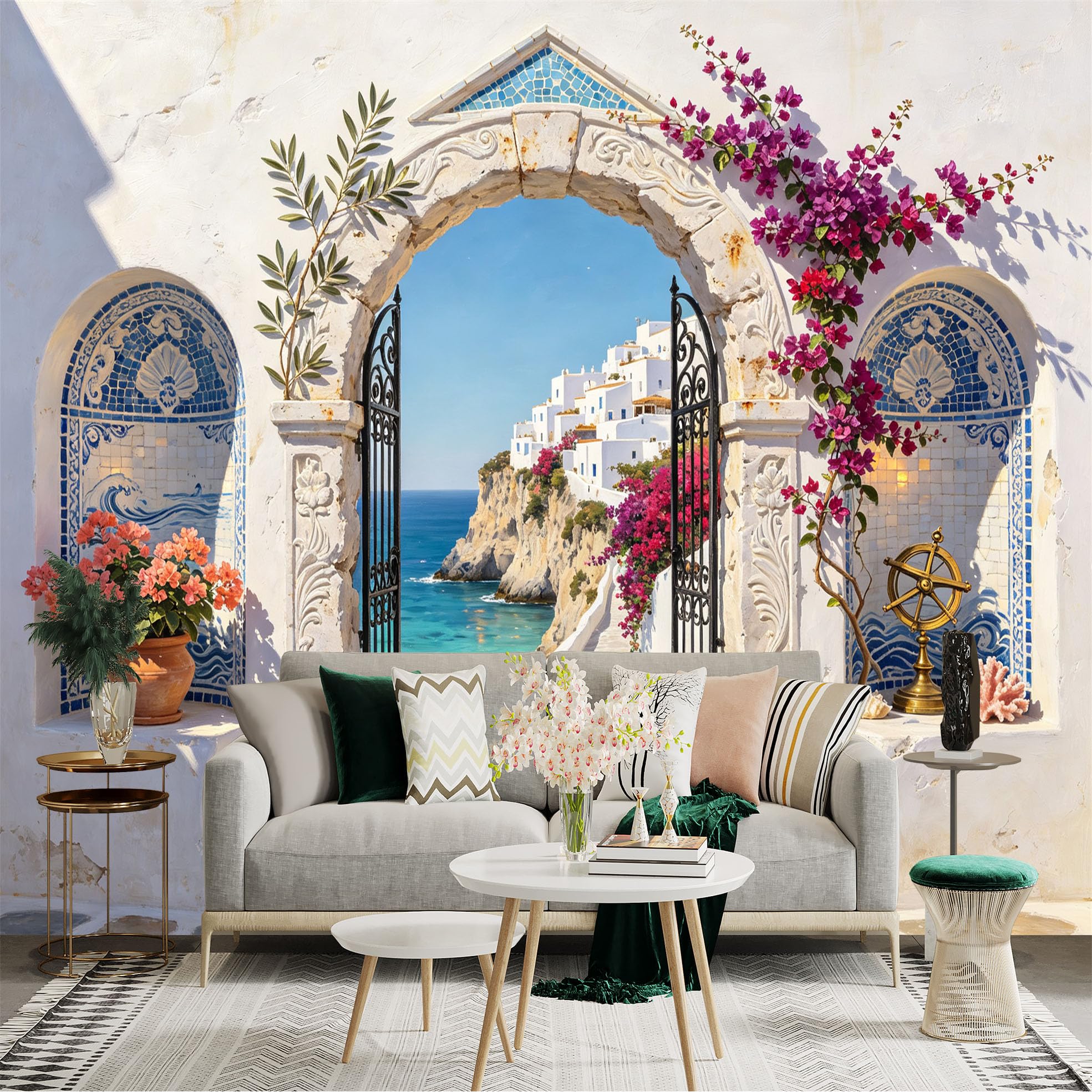 Custom Size Wall Sticker Mural， Coastal Archway with Sea View， White Cliff Village and Blooming Flowers， for wall Decoration， peelandstick wall Decals.