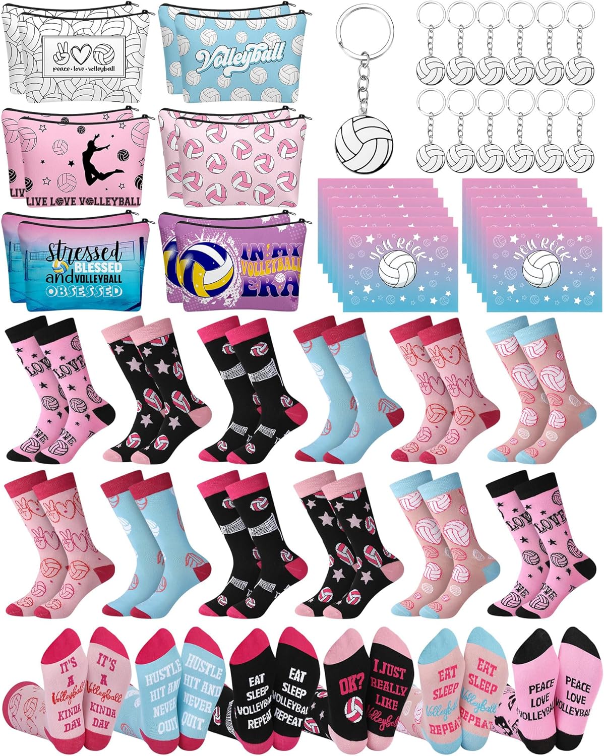 48 Pcs Volleyball Team Gifts for Women Teen Girls Senior Night Funny Makeup Bags Novelty Crew Socks Keychians Cards for Volleyball Lovers Team Players
