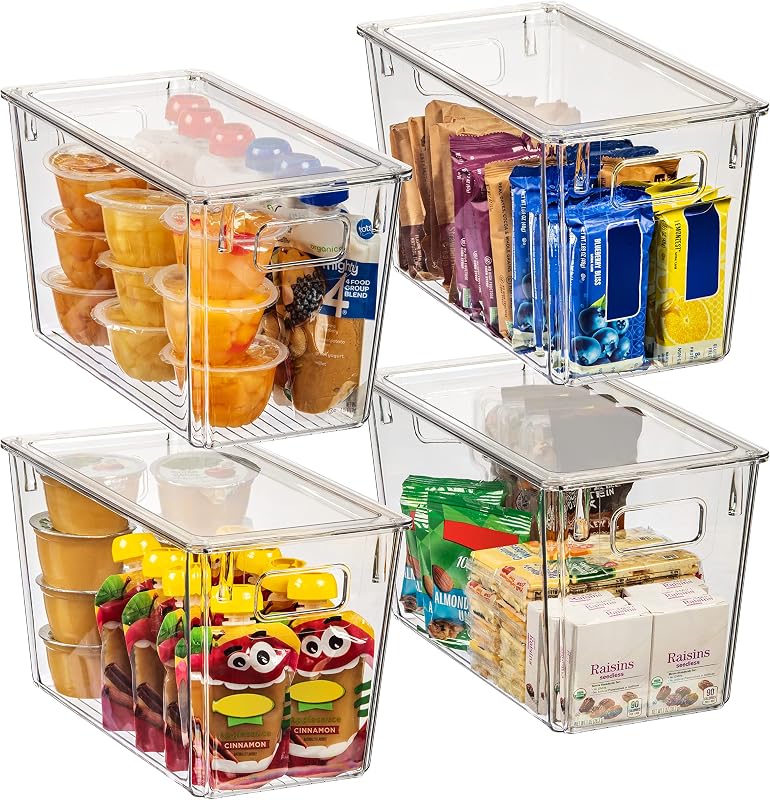 Plastic Storage Bins with Lids for Pantry & Fridge, 4 Pack | Modern plastic storage bins with lids for pantry and refrigerator organization, 9L capacity, transparent rectangular shape