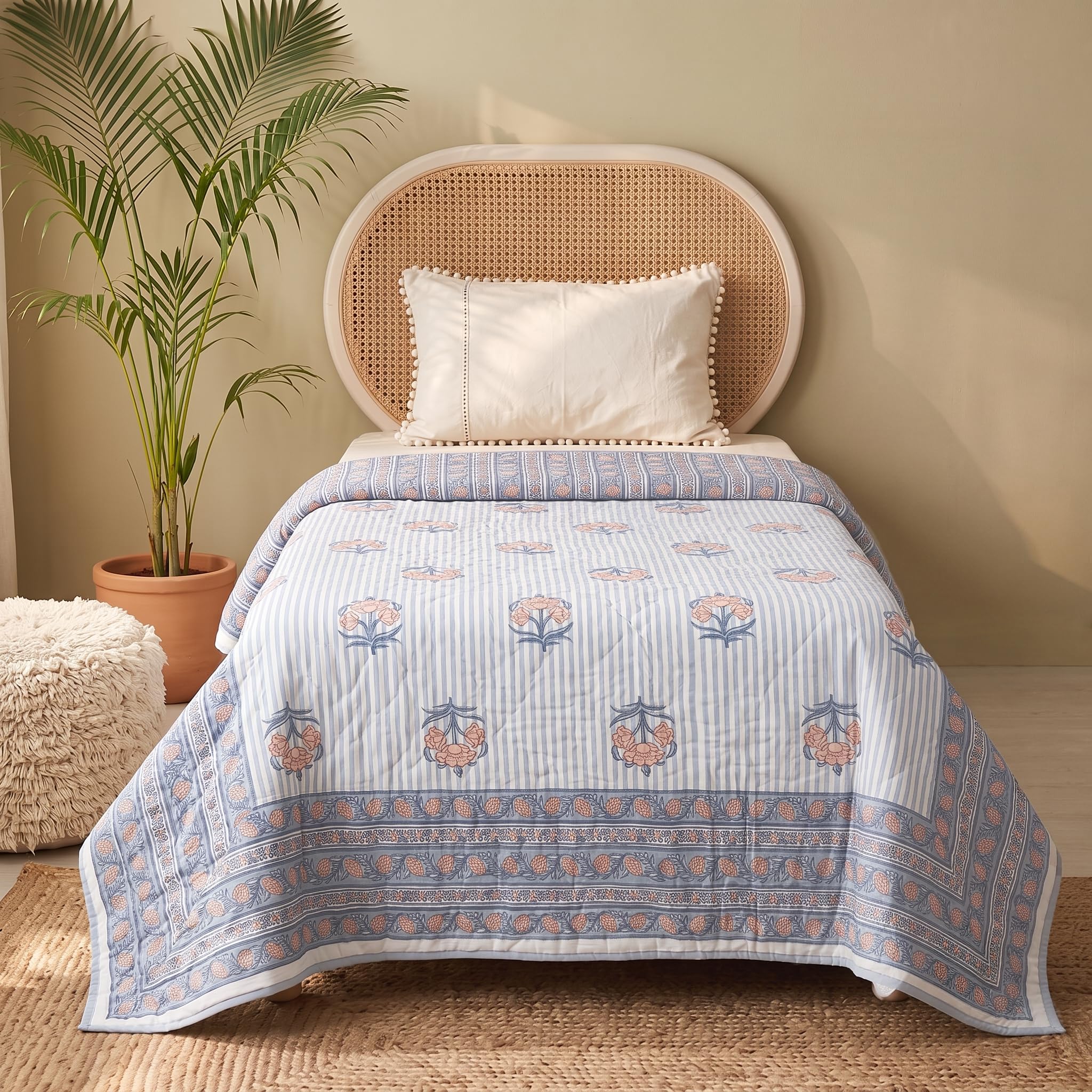 Peepul Tree Cotton Malmal Comforter - Blue & Pink -18