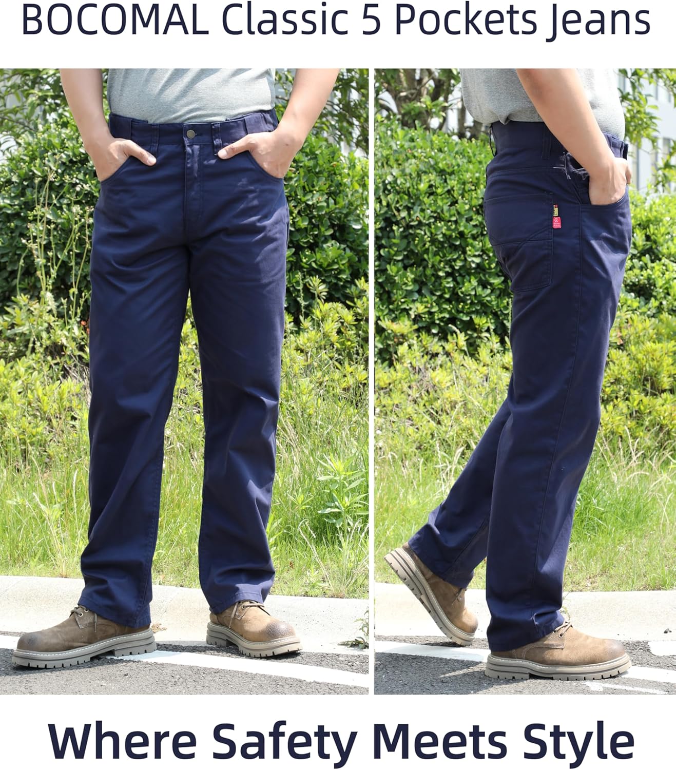 BOCOMAL FR Pants for Men Classic 5 Pockets Relaxed Fit Elastic Waist Water/Stain Repellent Work Jeans NFPA 2112/CAT2 - Image 7