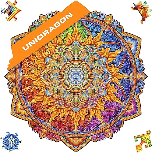 UNIDRAGON Rompecabezas de madera originales  Mandala Nascent Sun, 200 piezas, mediano 9.8 x 9.8 pulgadas, hermoso paquete de regalo, forma única, el