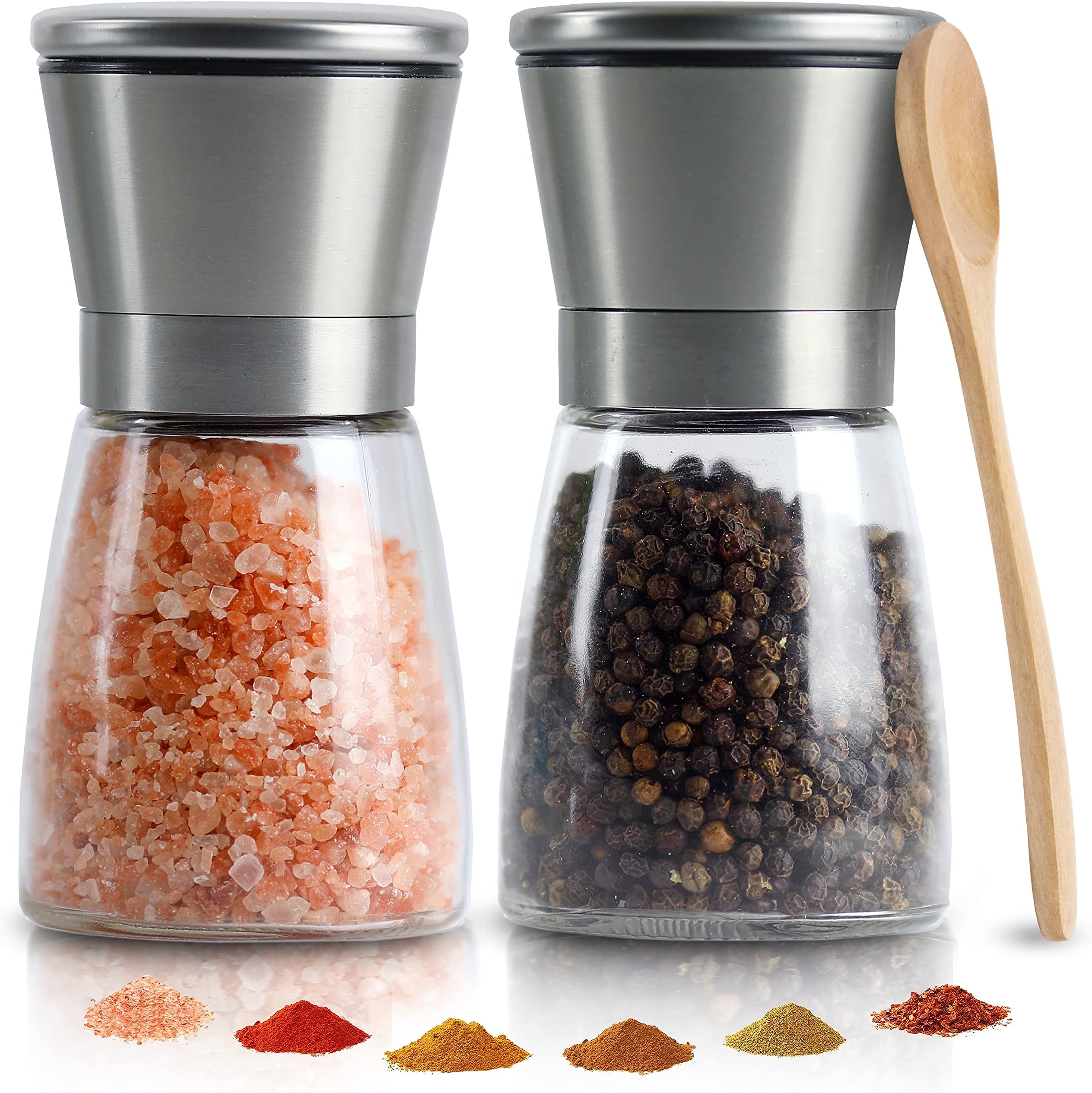 MIUMI Salt & Pepper Mill Shakers Set of 2 - Premium Salt and Pepper grinder set, Adjustable and Easy To Use, Stainless Steel Top, Ceramic Rotor and a Thick Glass Body with Large Capacity (5.2" tall)