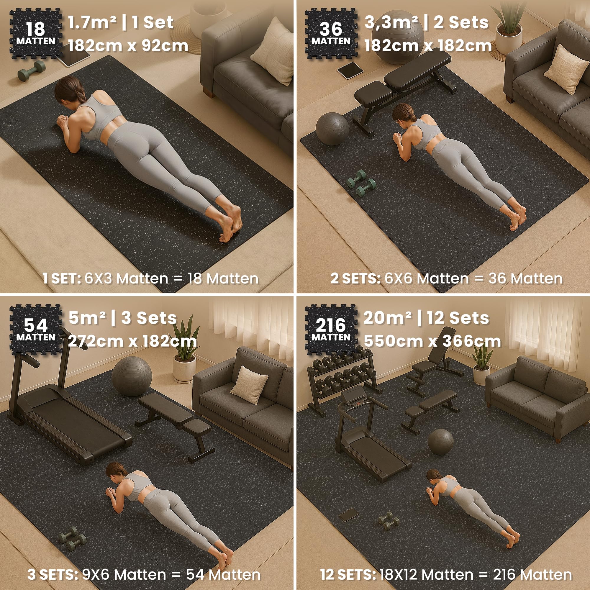 bemaxx Bodenschutzmatte Fitness – 18 Eva/Gummi-Matten im Set: Gym Fitnessgeräte Sportmatte Puzzlematte Laufbandmatte Fitnessmatte Unterlegmatte Sportgeräte Trainingsmatte Bodenmatte Gymnastikmatte
