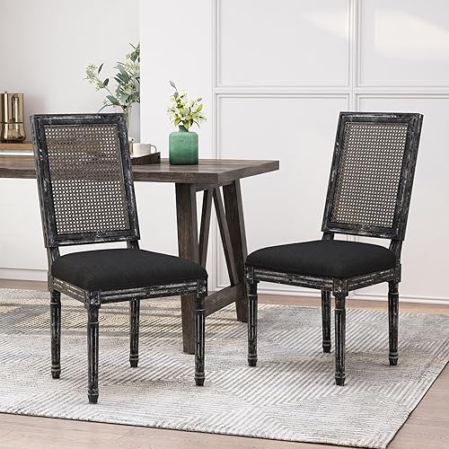 Miniatura 2 de Dining Chairs Set of 2, French Country Style Table & Chair Sets with Rubberwood Frame, Upholstered Seats and Cane Backrest for Dining Room, Kitchen,