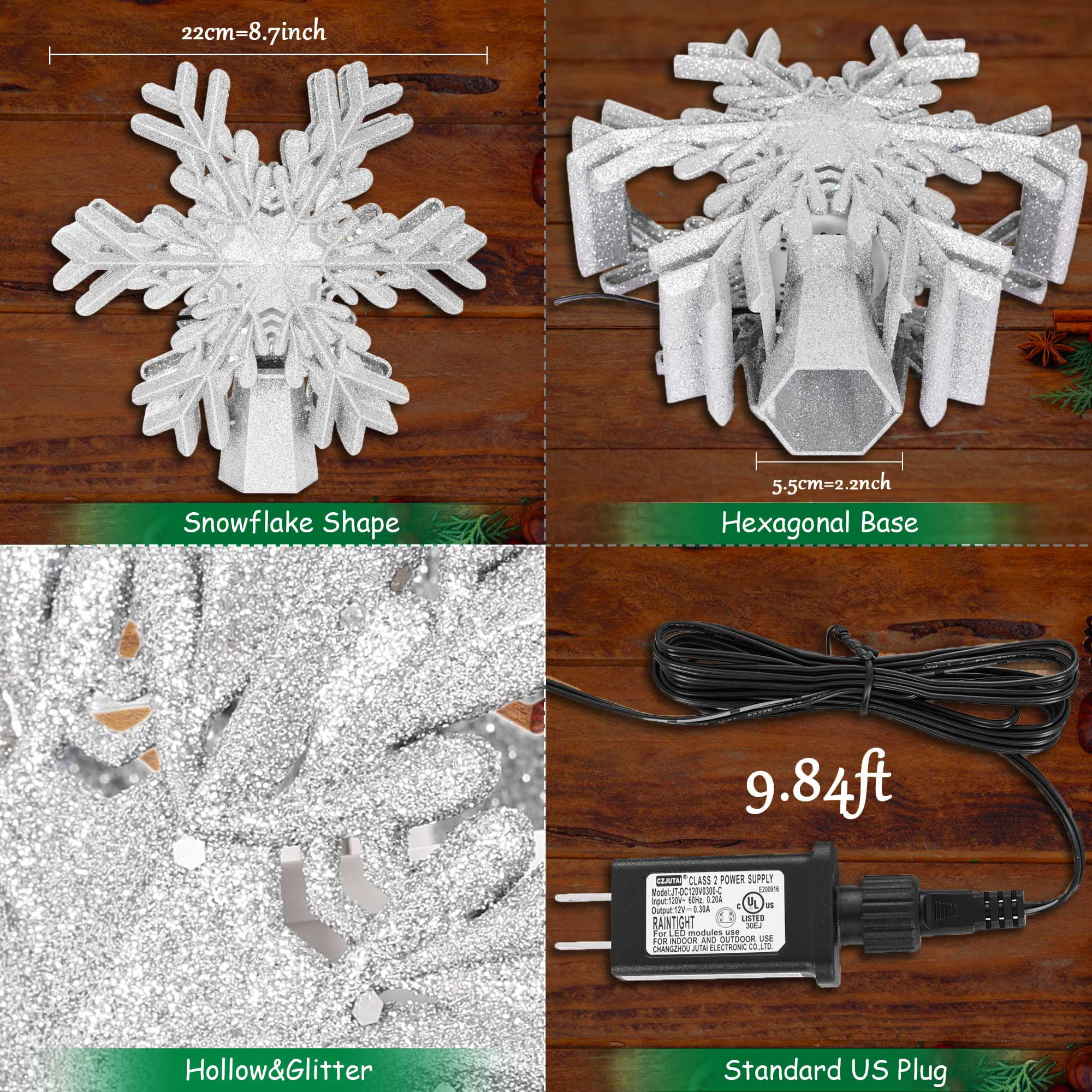 Christmas Tree Topper - Snowflake Christmas Tree Topper Lighted with 3D Rotating Snowflakes - LED Hollow Glitter Projector - Christmas Tree Topper for Christmas Tree Decorations (Silver)
