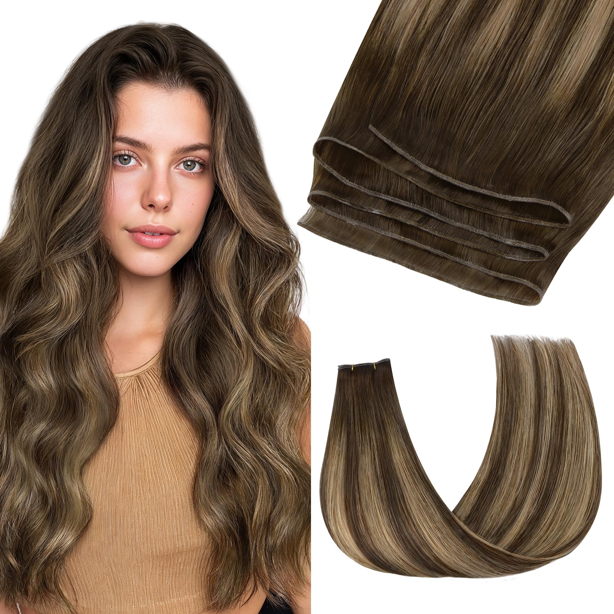 GOO GOO Genius Human Hair Extensions, Sew In Remy Weft, 4/27/4 Balayage Chocolate Brown to Caramel Blonde 22inch 60g, Hand Tied Weft