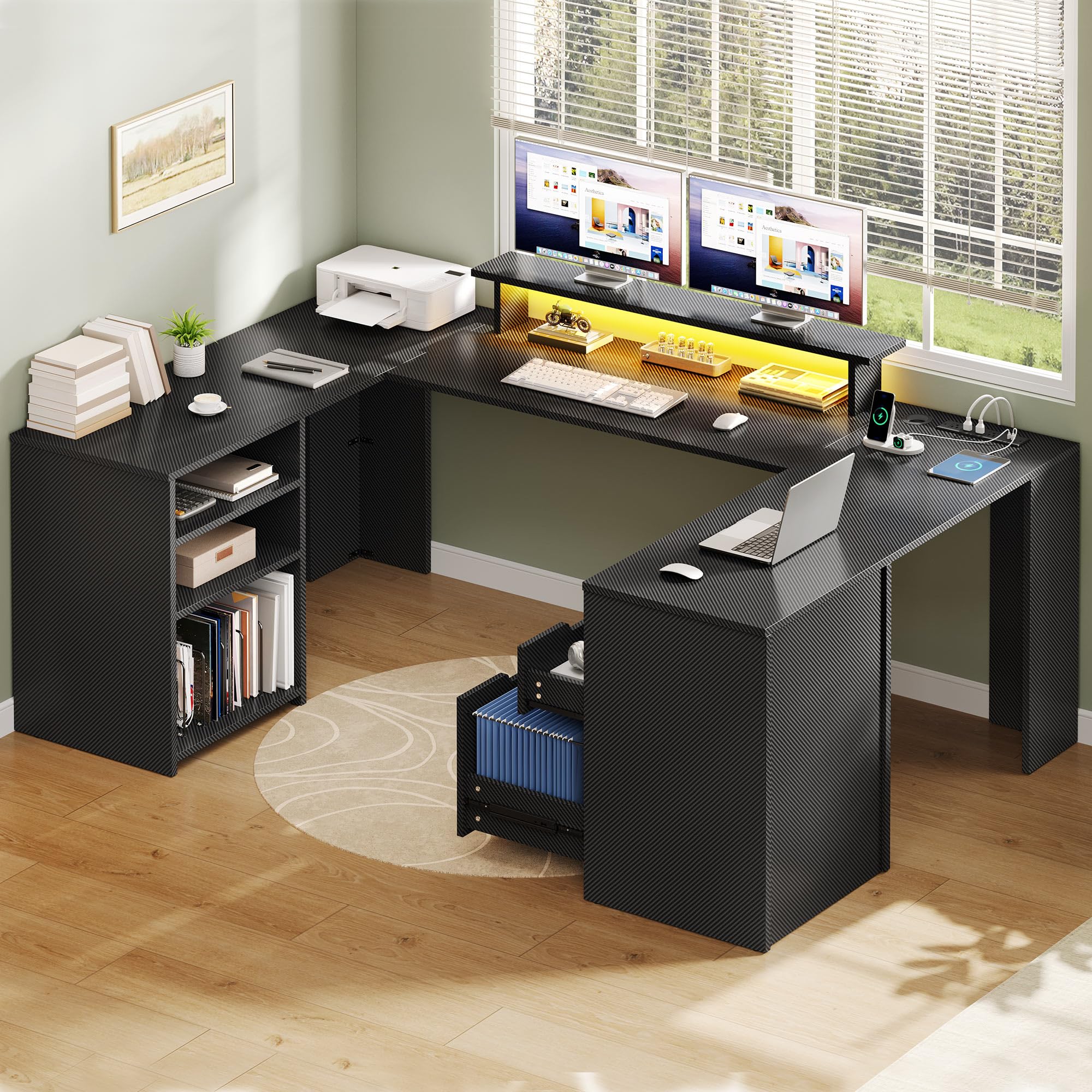 DWVO U Shaped Desk with Drawers, Gaming Desk with Power Outlets & LED Lights, Wood Computer Desk Home Office Desks with Storage Shelves, Black Carbon