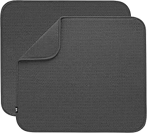 S&T INC. Dish Drying Mat 2 Pack, 16” x 18”, Absorbent Microfiber Kitchen Counter Mat, Dish Drying Pad for Dishes, Utensils, Pots and Pans, Large, Charcoal Grey