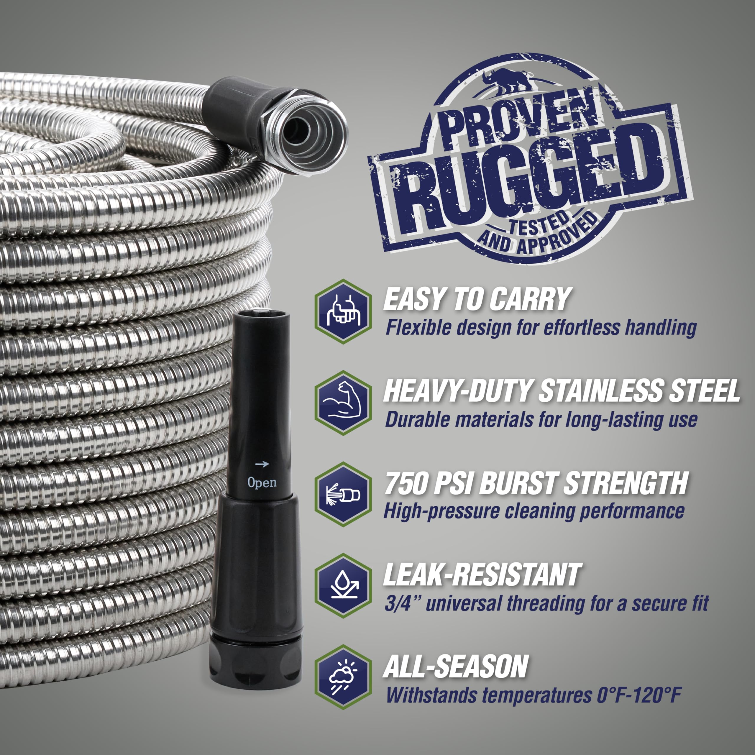 RUGGED RHINO Metall-Gartenschlauch mit Sprühdüse, 15 m, 304 Edelstahl, 750 PSI Berstfestigkeit, strapazierfähiger, flexibler Wasserschlauch, knickfest, auslaufsicher für Hof, Rasen und Außenbereich