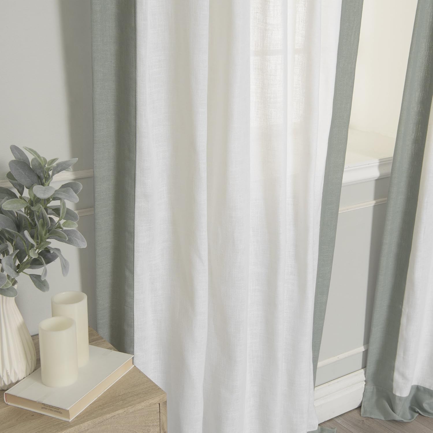 Best Home Fashion Linen Blend Border Curtains - Back tab - White/Spruce - 52" W x 84" L - (Set of 2 Panels)