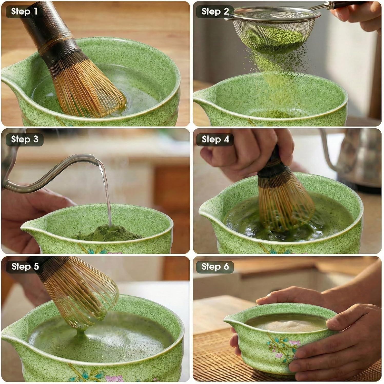 7-Piece Matcha Set with Ceramic Matcha Bowl, Bamboo Whisk (Chasen) & Holder, Sifter, Tea Scoop & Rest, Special Bamboo Tea Mat - Perfect Matcha Kit for Matcha Lovers & Gift Giving, Green - Image 7