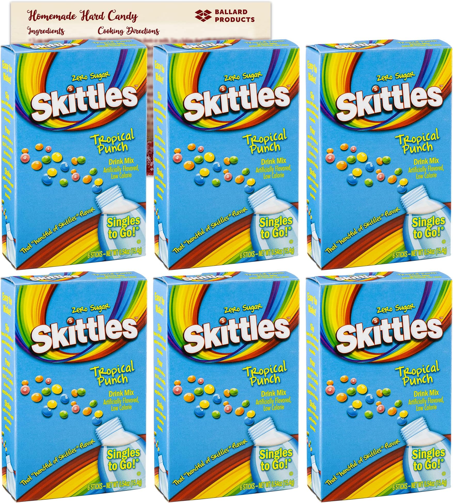 Skittles Tropical Punch Singles To Go - Drink Mix Pack of 6 - Candy Flavoring Water Enhancer – Tropical Punch Skittles Drink Mix - Bundle with Ballard Products Recipe card