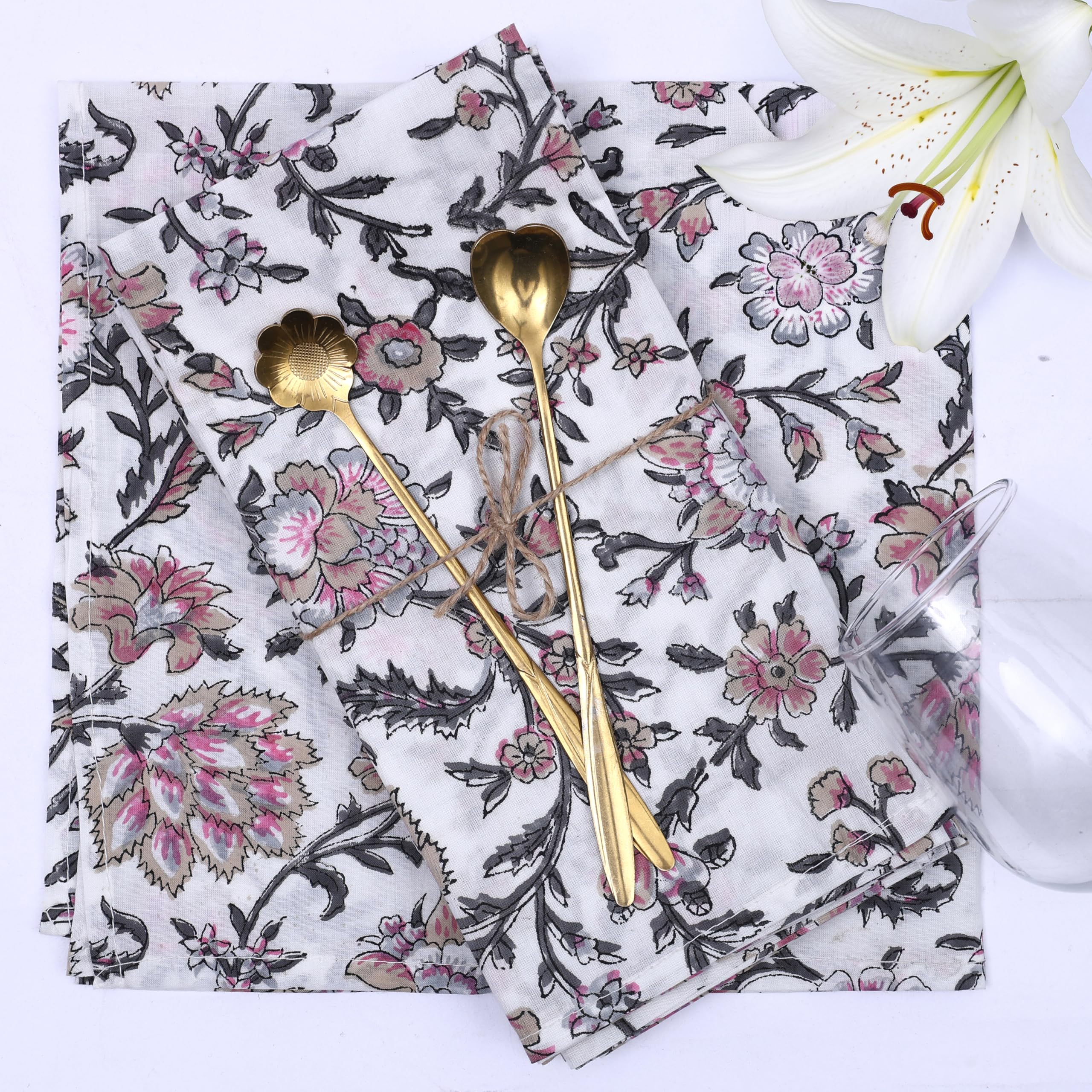The Home Talk Handcrafted Cotton Napkins Set of 6, 18x18 Inch Reusable Cloth Dinner Napkins, Eco Friendly Handmade Indian Table Linen (Bagh)