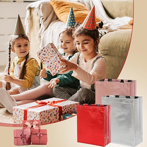 Miniatura 6 de KEYYOOMY Bolsas de regalo de oro rosa con asas, bolsa de regalo reutilizable no tejida con asas, tamaño mediano, bolsas de recuerdos de fiesta,