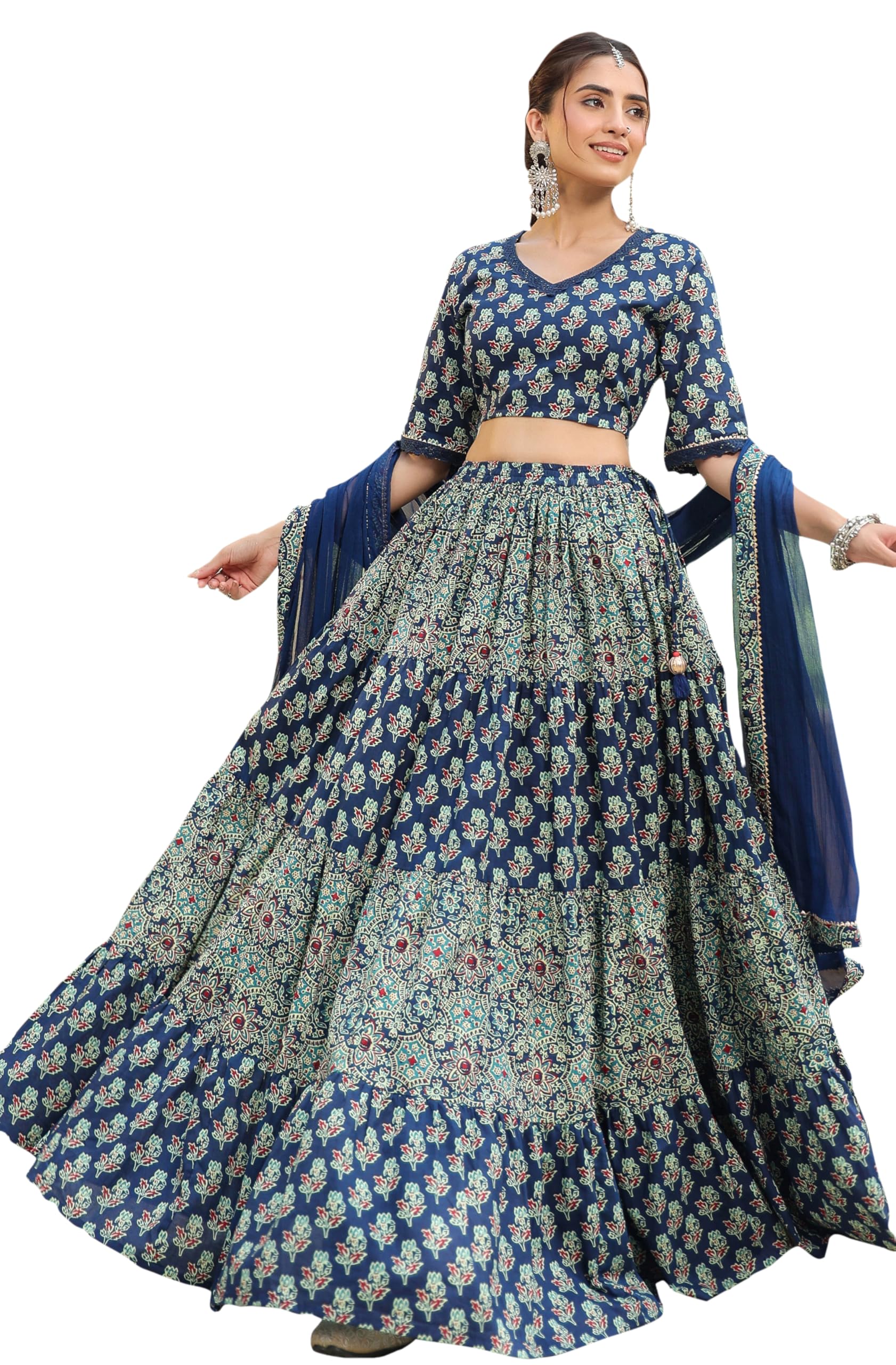 Janasya Indian Women's Cotton Maroon Block Print Festive Wear Lehenga Choli for Women