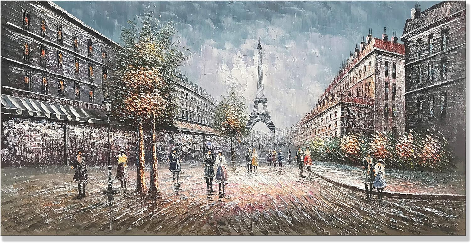 Greatest Product zoinart 100% Hand Painted Oil Paintings 24x48 inch Eiffel Tower Cityscape Wall Decorations Grey Artwork Large Abstract Modern Canvas Wall Art for Living Room Bedroom Dining Room Wall Decor