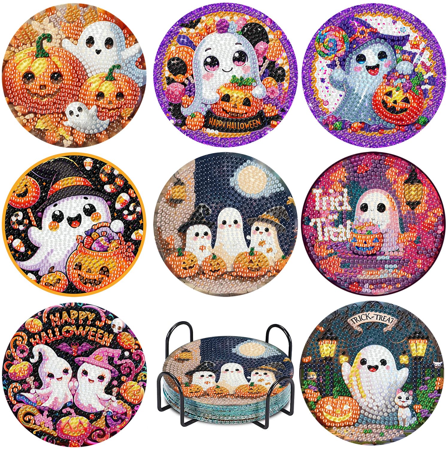 8 Pcs Ghost Diamond Art Painting Coasters Kits,Halloween Coaster with Holder for Adults, Non-Slip DIY Dot Paint Craft Kits,5D Full Drill DIY Diamond Dot Gem Art Kit Home Decor Arts Craft