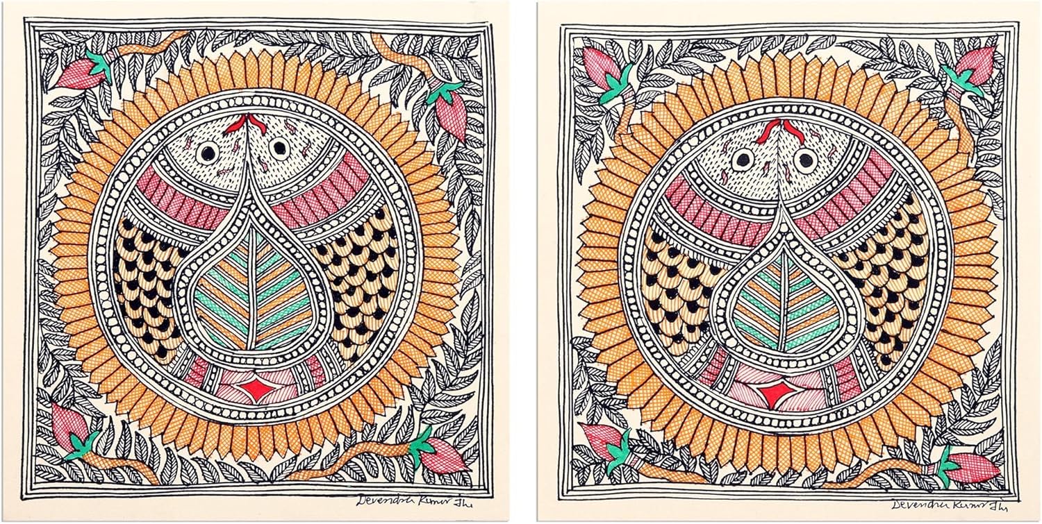 Madhubani diptych, Fish Unison (pair)