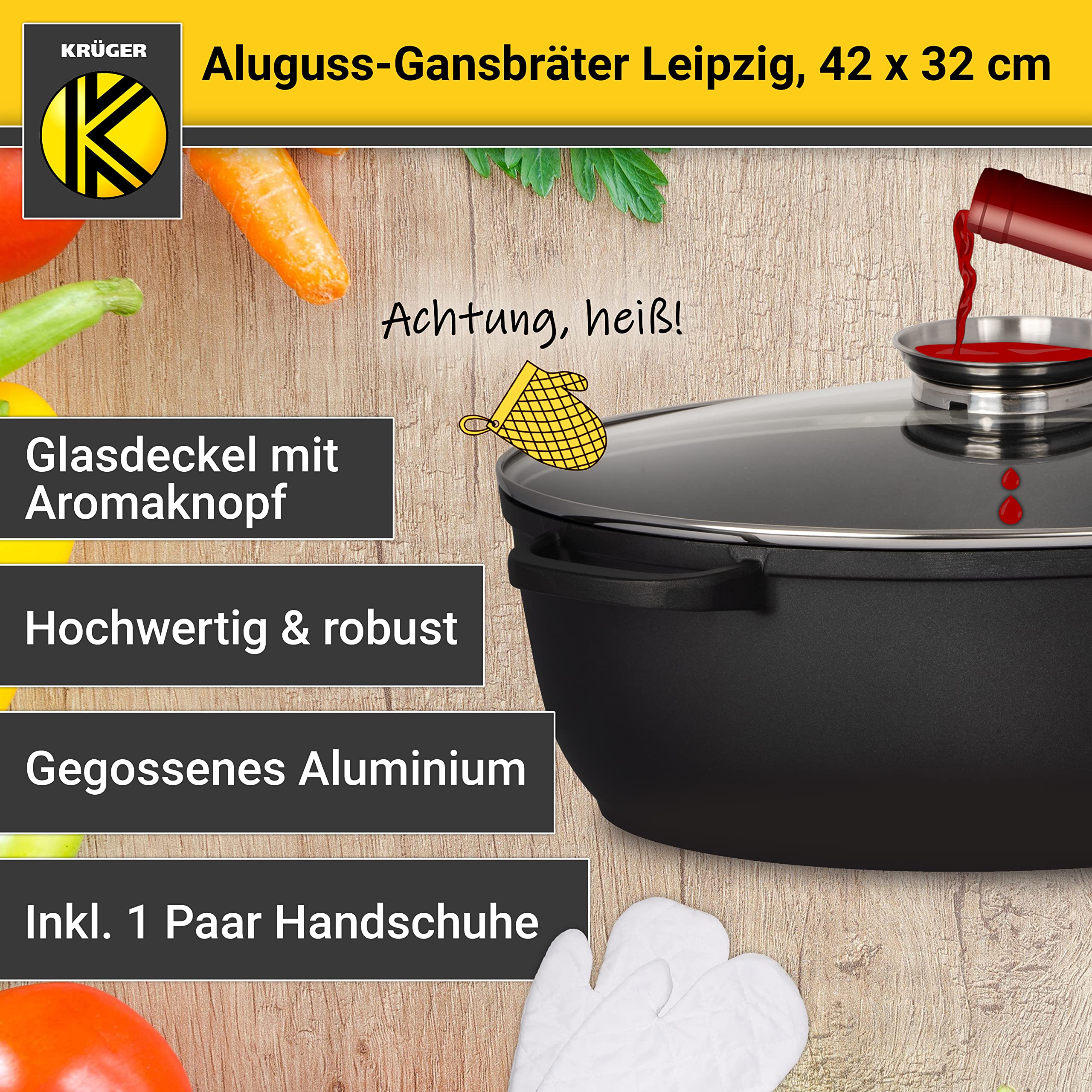 Krüger Aluguss-Bräter - Bräter mit Antihaft-Versiegelung (Aluguss-Gansbräter Leipzig - ohne Induktion (42 x 32 cm))