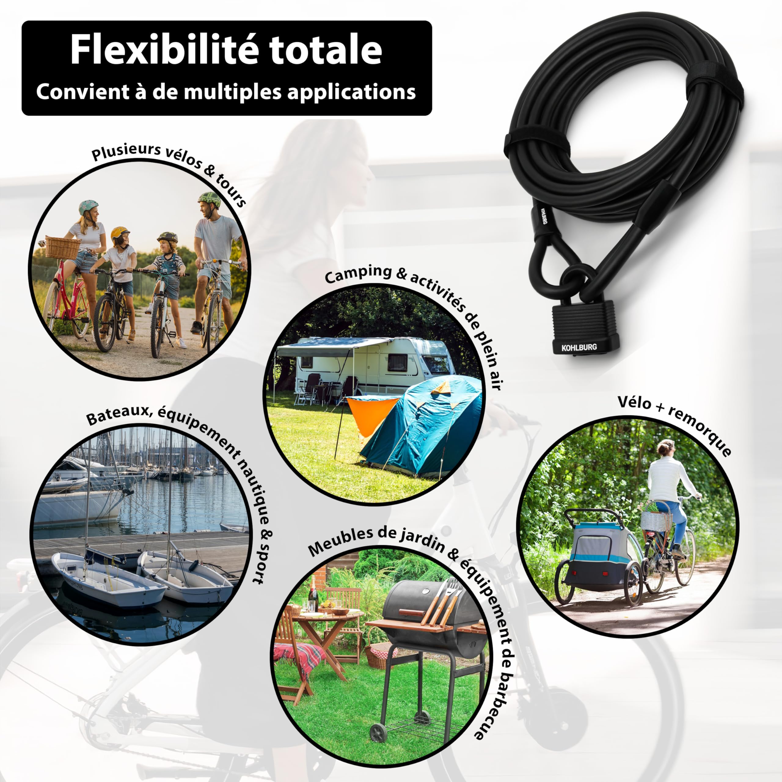 KOHLBURG cable antivol de 10 mètres – cadenas velo à 3 clés – fermeture par simple pression – câble en acier 10 m comme anti vol vélo, remorque, poussette et mobilier de jardin – 1000 cm long