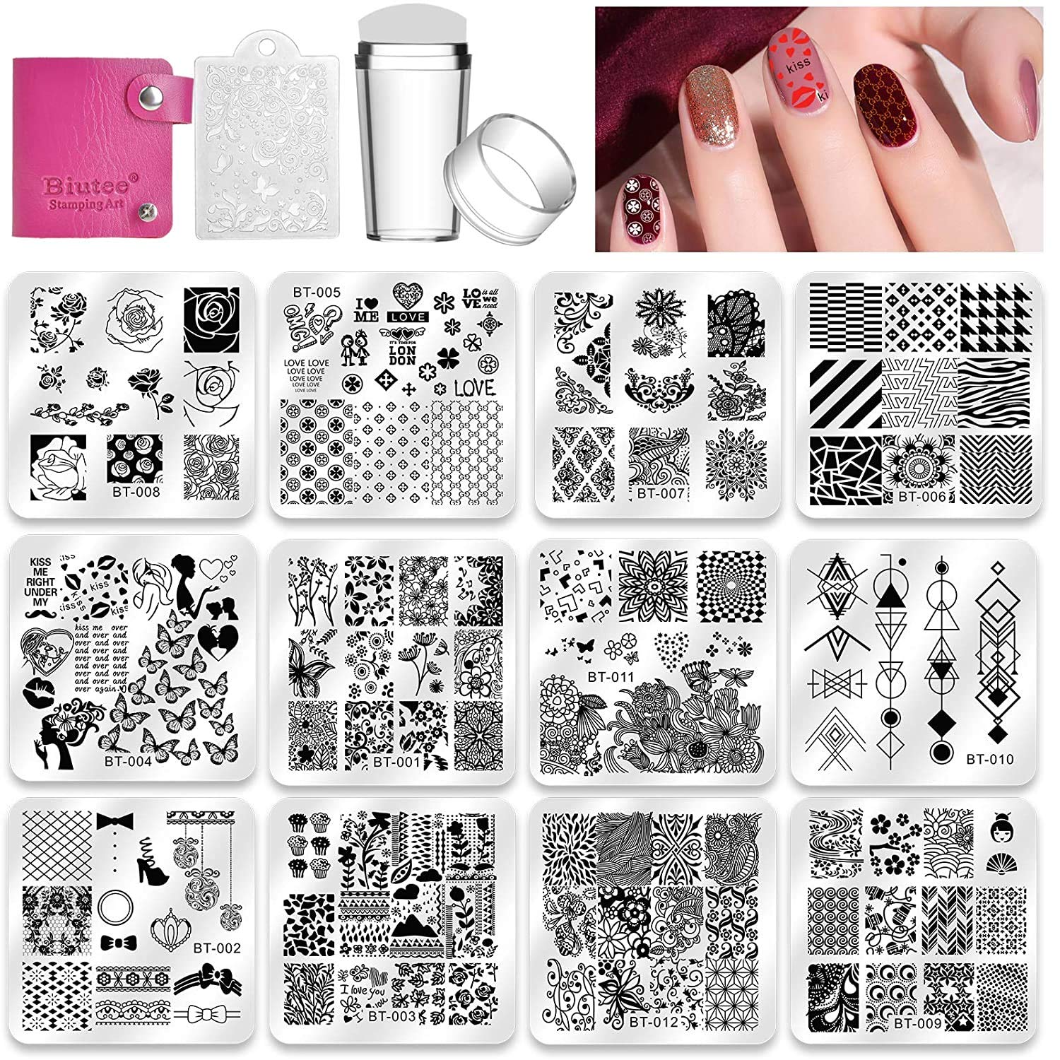 Biutee Nail Stamping Plates Set 12pcs Nail Plates 1stamper 1scraper 1storage bag Nail plate Template Image Plate Stencil Nails Tool (C) : Beauty & Personal Care